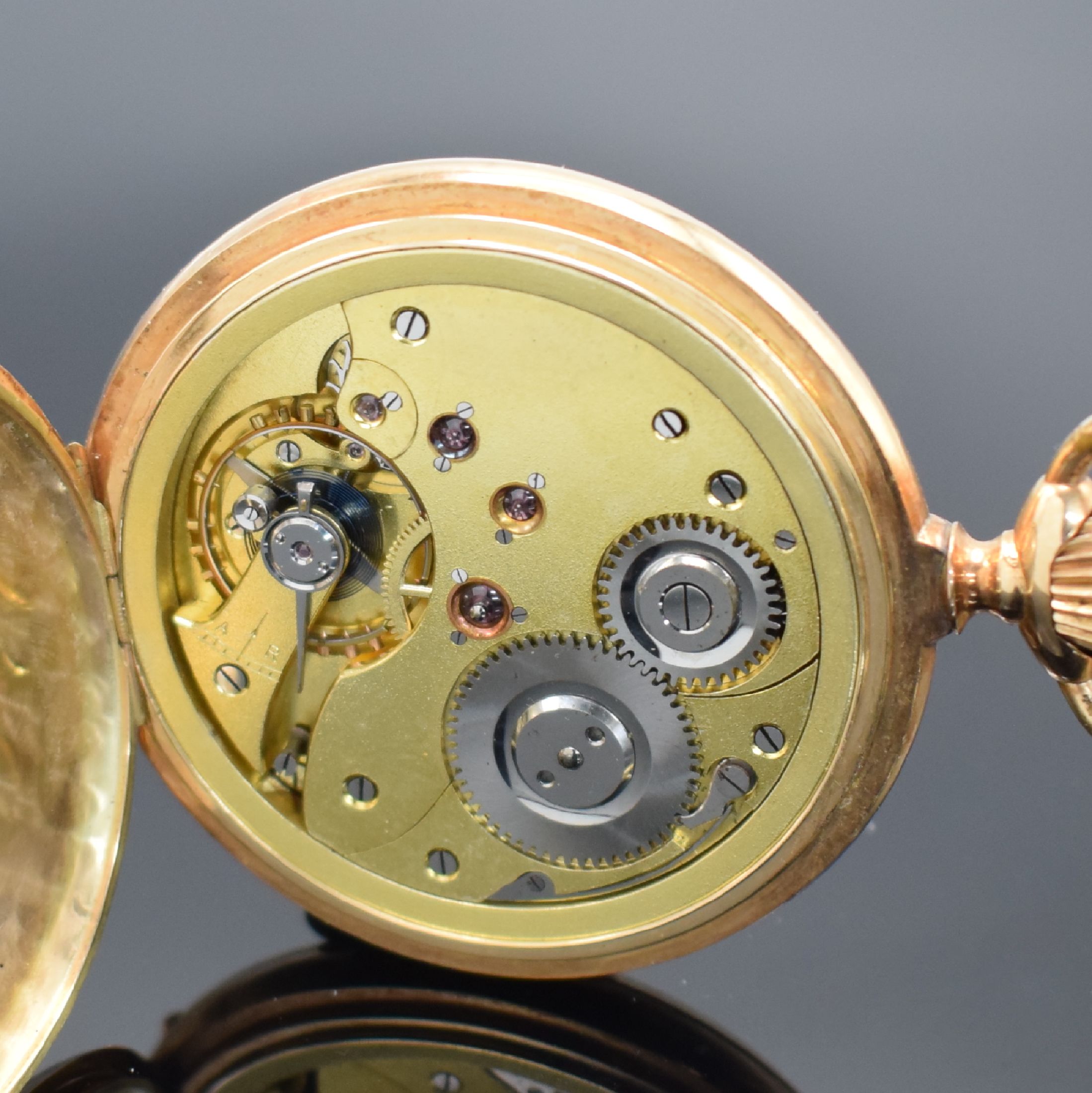 Detail g: SYSTEME GLASHÜTTE Savonette in RoseG 585/000, Schweiz um 1900, 3-Deckel Goldgeh. m. a-goutte-Schlüssen dell., Emailzifferbl. m. arab. Zahlen ...