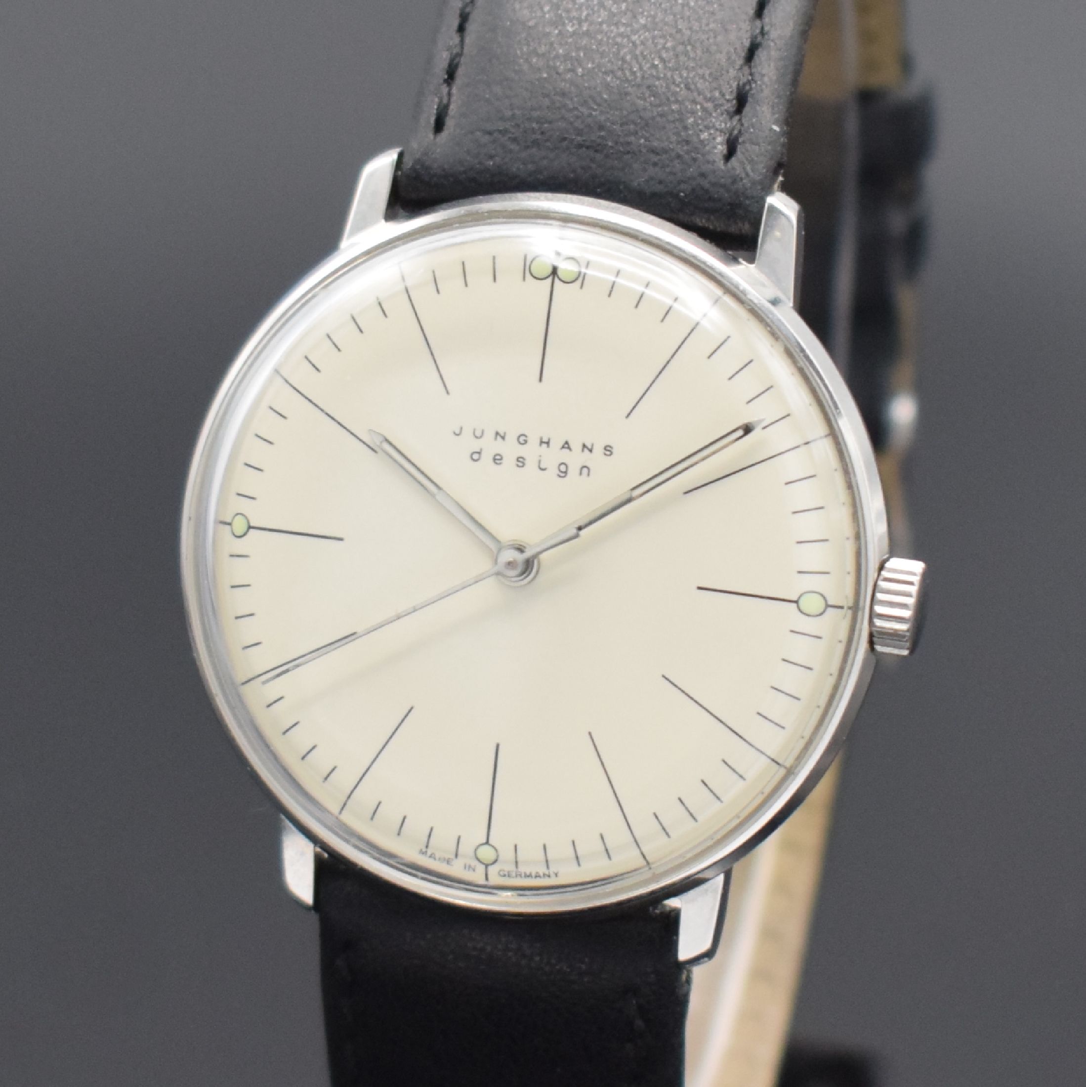 Detail a: JUNGHANS Armbanduhr Max Bill Design in Stahl Referenz 27.3700 509, Deutschland um 2010, Handaufzug, Boden aufgedr., orig. Junghans Lederband m. ...