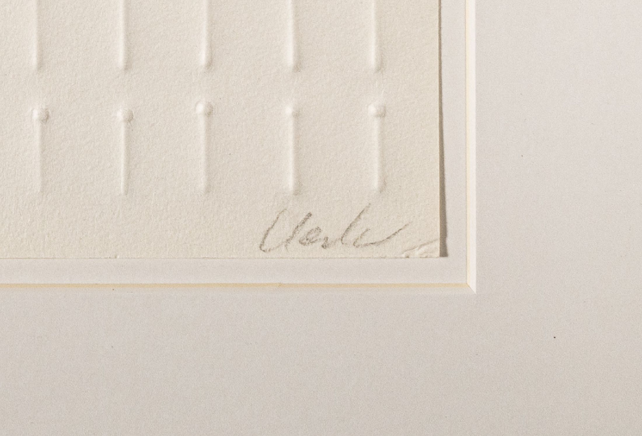 Detail a: Günther Uecker, geb. 1930, Prägedruck auf Karton, römisch nummeriert 19/30, handsigniert und dat. 1970, ca. 35 x 35 cm, Hrsg. Willi Bongard/Verlag ...