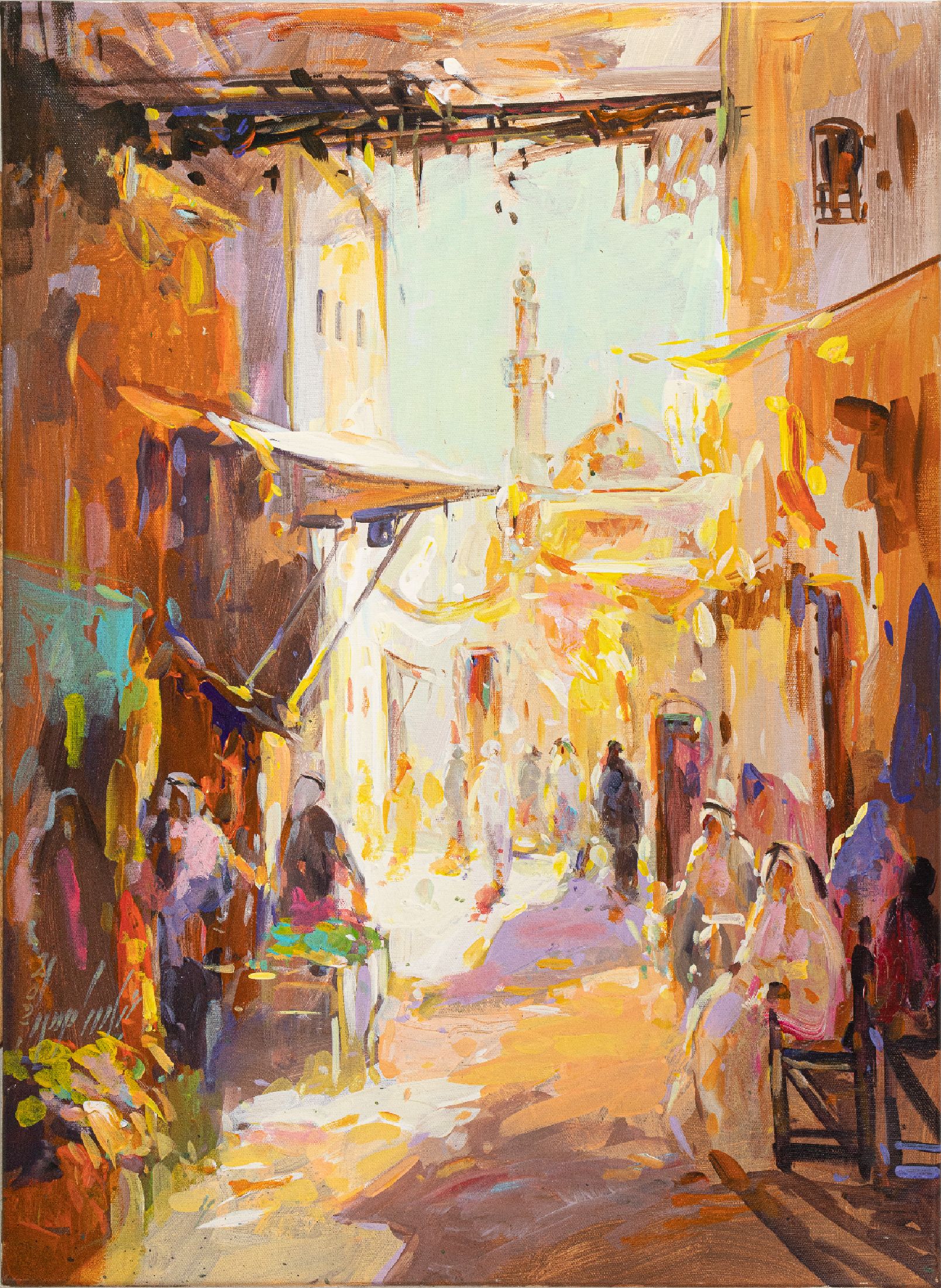 Abbas Al-Mosawi, geb. 1952, Soukszene/ orientalischer Mark in der Morgensonne, reges Treiben, im Hintergrund Moschee mit Minarett, signiert und dat. ...