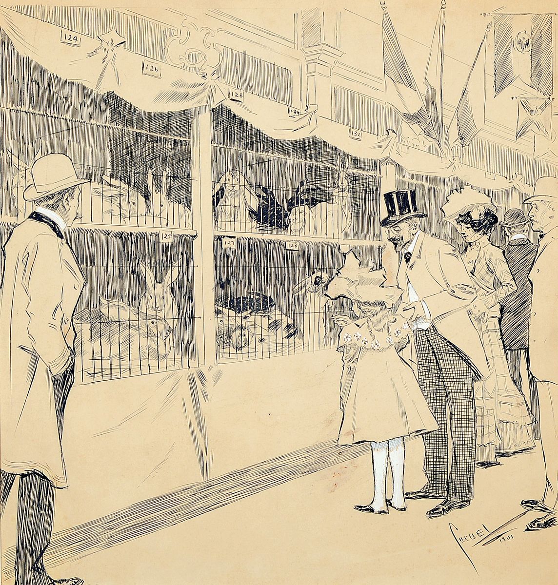 Edward Cucuel, 1875 - 1954, "Kaninchenschau", Tuschefederzeichnung mit Deckweiß gehöht, re. unten handsigniert und datiert 1901, Blattgr. ...