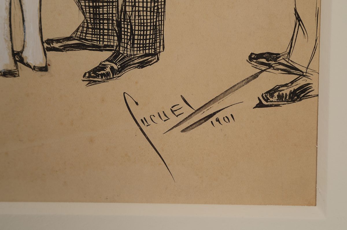 Detail a: Edward Cucuel, 1875 - 1954, "Kaninchenschau", Tuschefederzeichnung mit Deckweiß gehöht, re. unten handsigniert und datiert 1901, Blattgr. ...