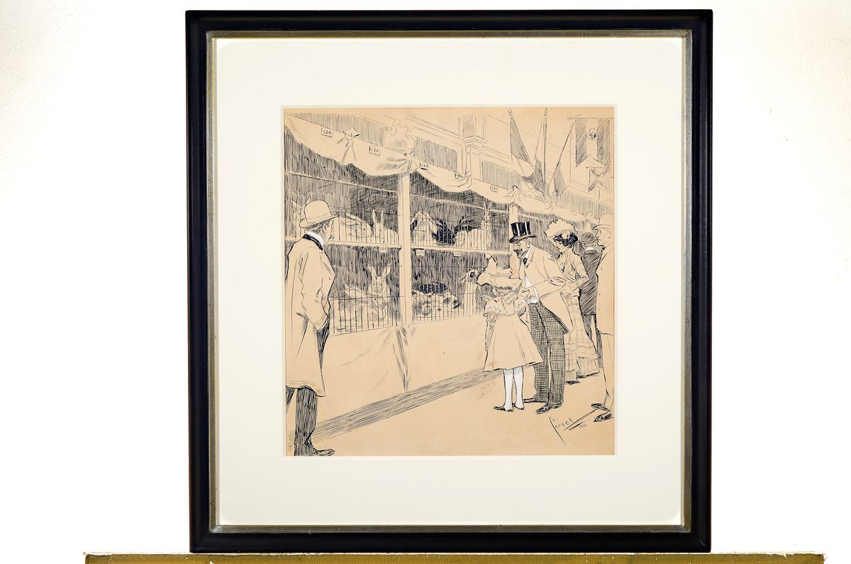 Detail k: Edward Cucuel, 1875 - 1954, "Kaninchenschau", Tuschefederzeichnung mit Deckweiß gehöht, re. unten handsigniert und datiert 1901, Blattgr. ...
