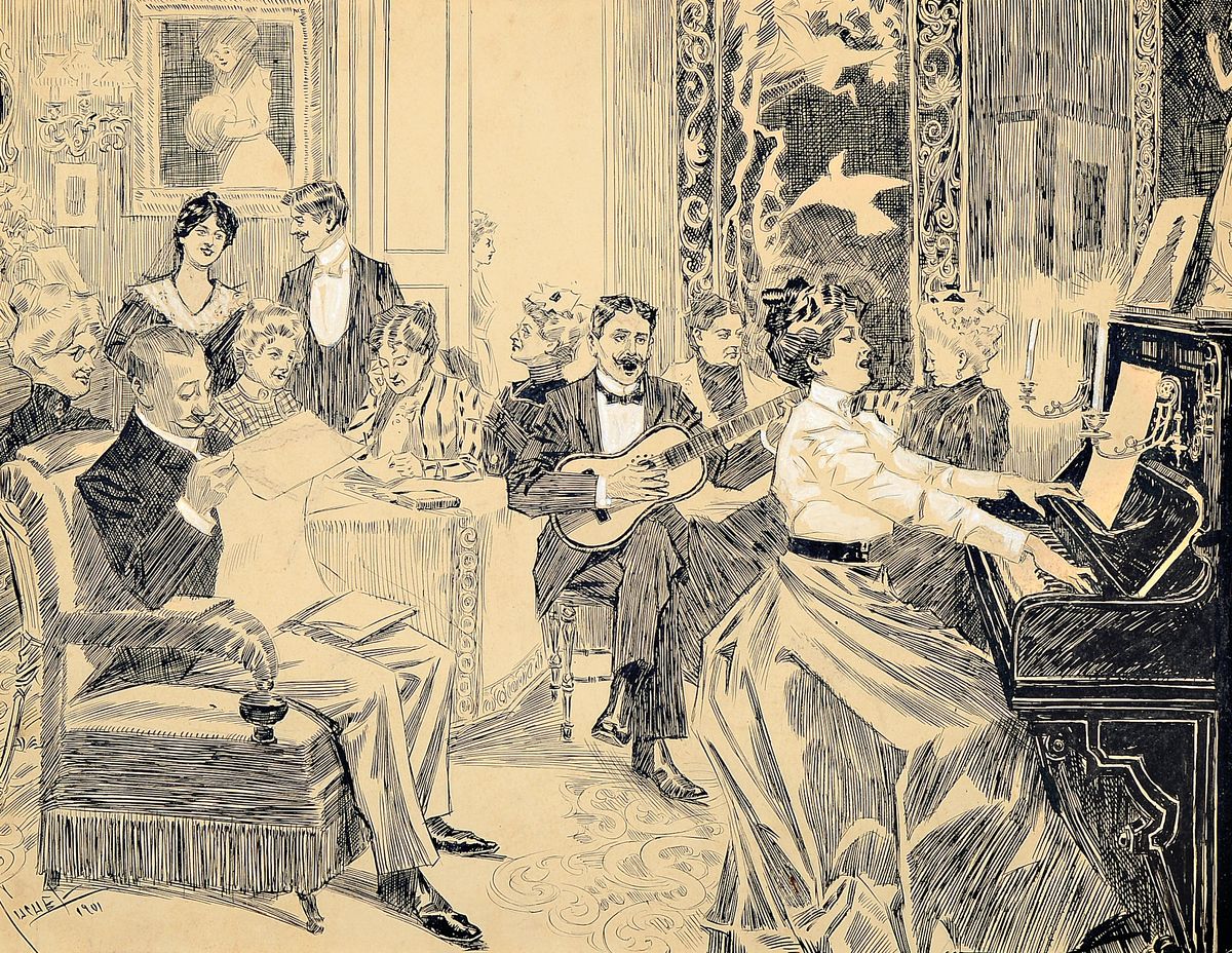 Edward Cucuel, 1875 - 1954, "Im Salon Abends", Tuschfederzeichnung mit Deckweiß gehöht, re. unten handsigniert und datiert 1901, Blattgr. ...