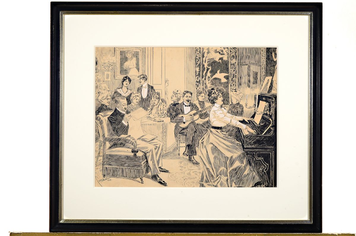 Detail k: Edward Cucuel, 1875 - 1954, "Im Salon Abends", Tuschfederzeichnung mit Deckweiß gehöht, re. unten handsigniert und datiert 1901, Blattgr. ...