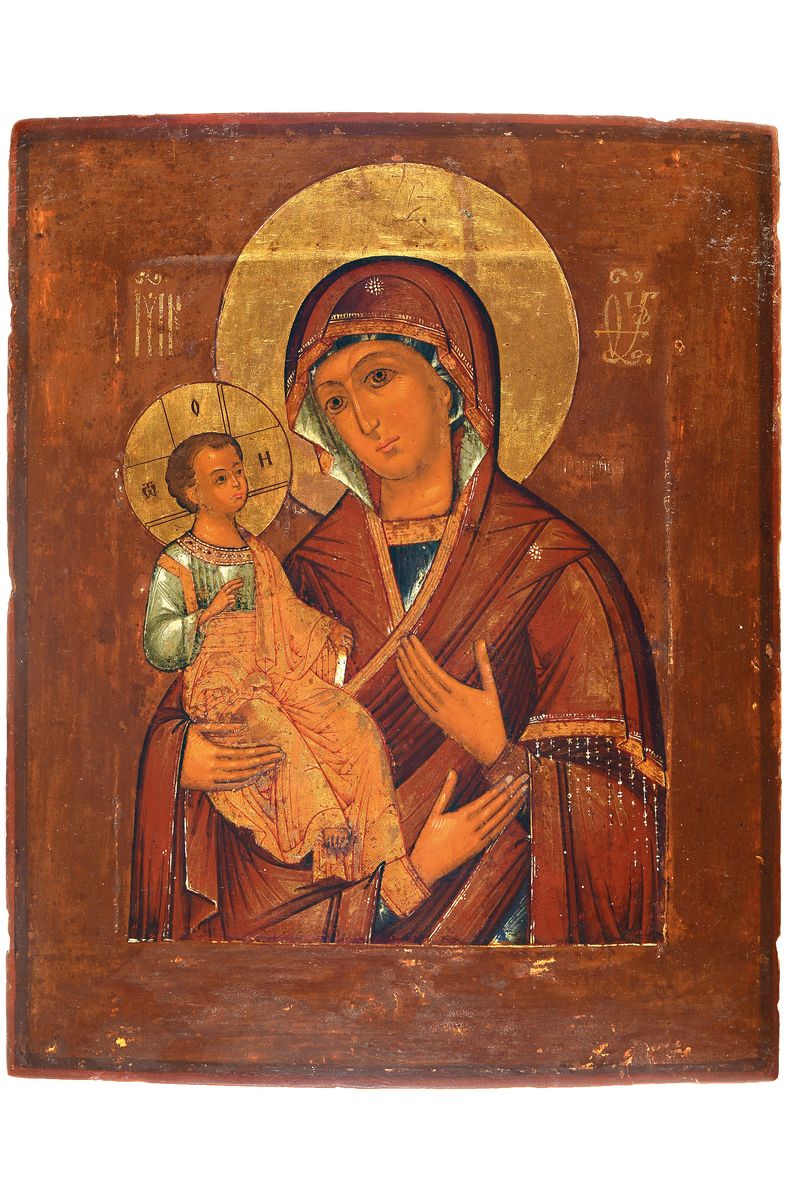Ikone, Russland, 2.H.19.Jh., Tempera/Holz, goldgehöht, Marienbild, Typus Hodegetria, verso bez., Alterssp., 32x25 cm