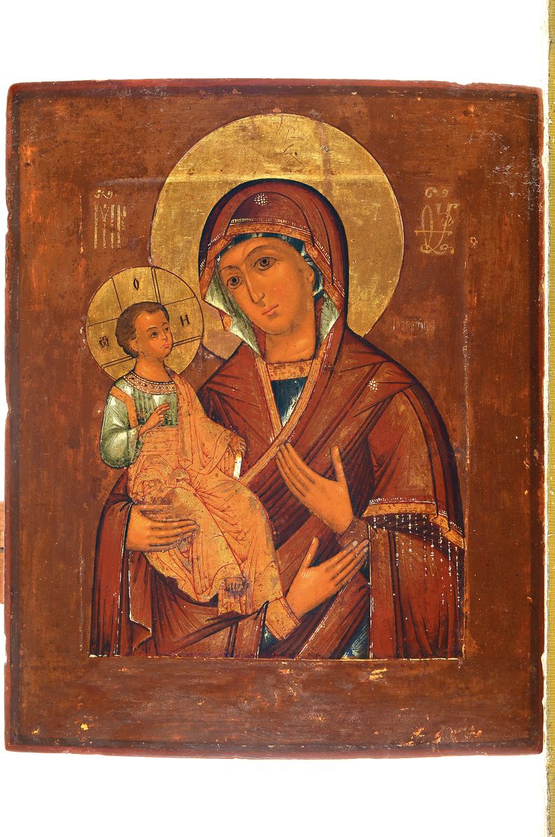 Detail k: Ikone, Russland, 2.H.19.Jh., Tempera/Holz, goldgehöht, Marienbild, Typus Hodegetria, verso bez., Alterssp., 32x25 cm