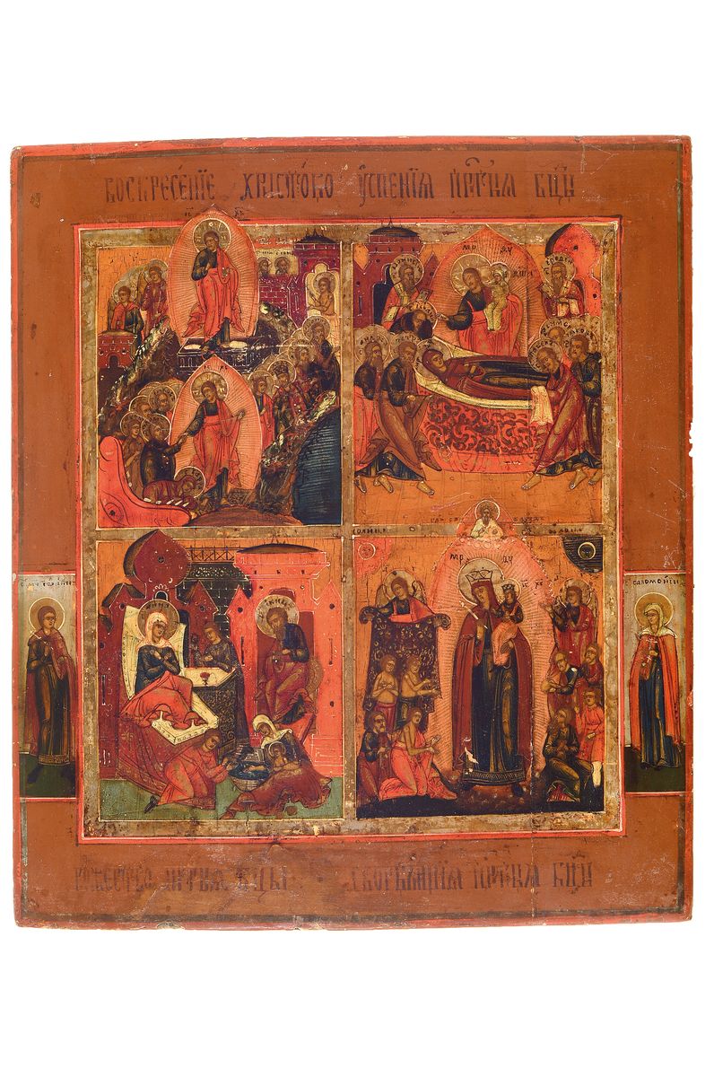 Festtagsikone, Russland, 2.H.20.Jh., Tempera/Holz, goldgehöht, Vierfelder-Ikone mitden Darstellungen: Auferstehung Christi, Marientod, Geburt ...