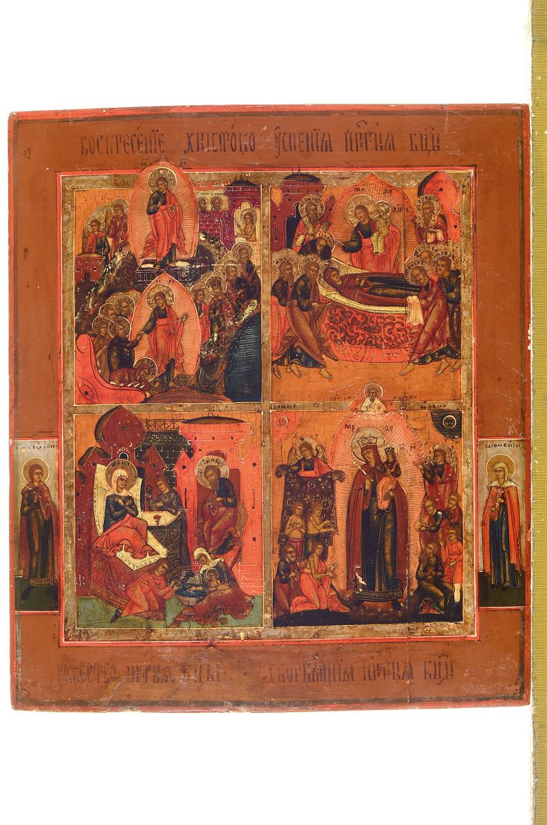 Detail k: Festtagsikone, Russland, 2.H.20.Jh., Tempera/Holz, goldgehöht, Vierfelder-Ikone mitden Darstellungen: Auferstehung Christi, Marientod, Geburt ...