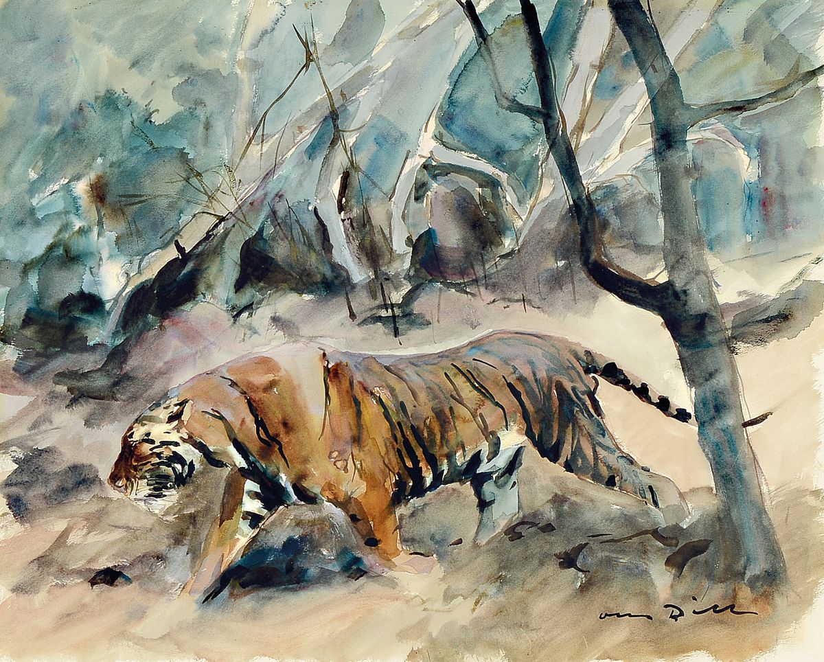 Otto Dill, 1884 - 1957 Bad Dürkheim, schreitender Tiger in Waldlandschaft, Aquarell auf Papier, re. unten handsigniert, PP-Ausschnitt ca. 39 x 48 ...