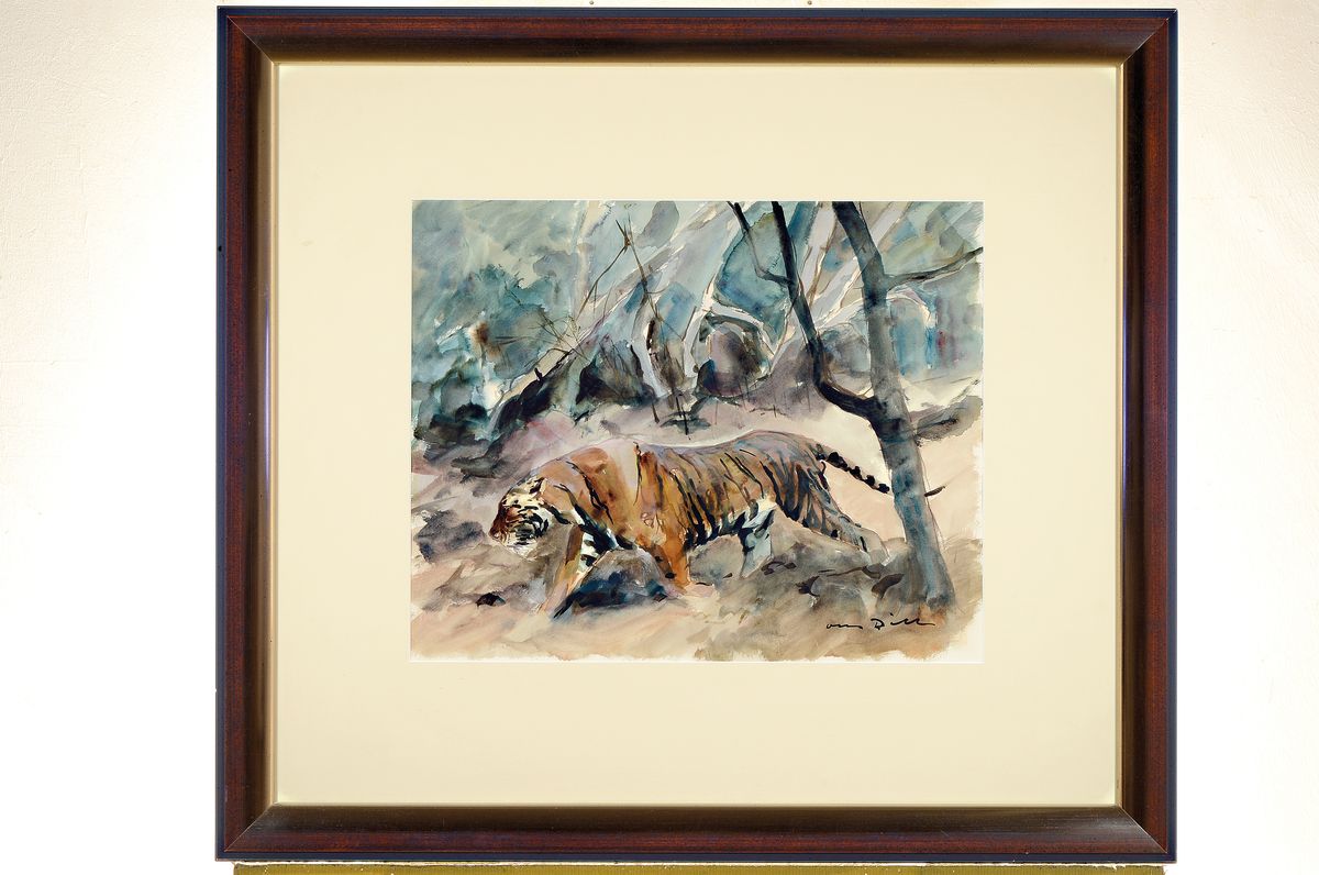 Detail k: Otto Dill, 1884 - 1957 Bad Dürkheim, schreitender Tiger in Waldlandschaft, Aquarell auf Papier, re. unten handsigniert, PP-Ausschnitt ca. 39 x 48 ...