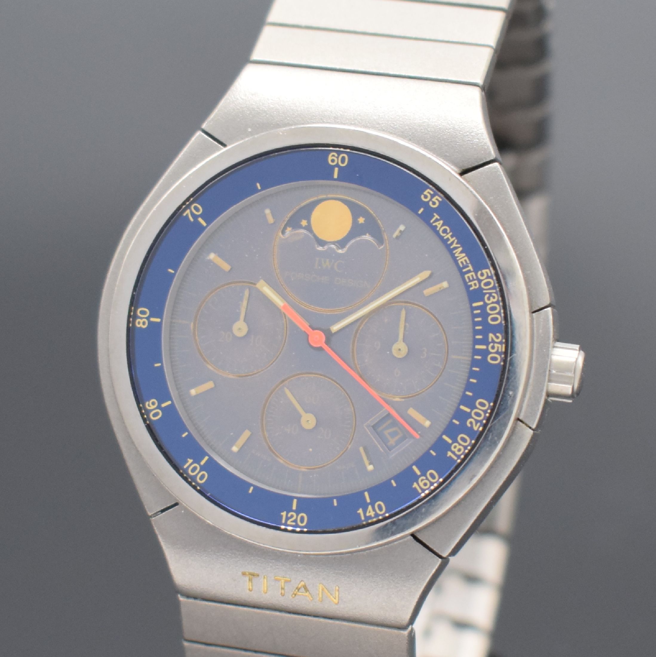 Detail a: IWC Porsche Design Armbandchronograph Referenz 3742, Schweiz um 1985, quarz, Titangeh. inkl. Gliederband m. Faltschließe, Boden & Krone verschr., ...