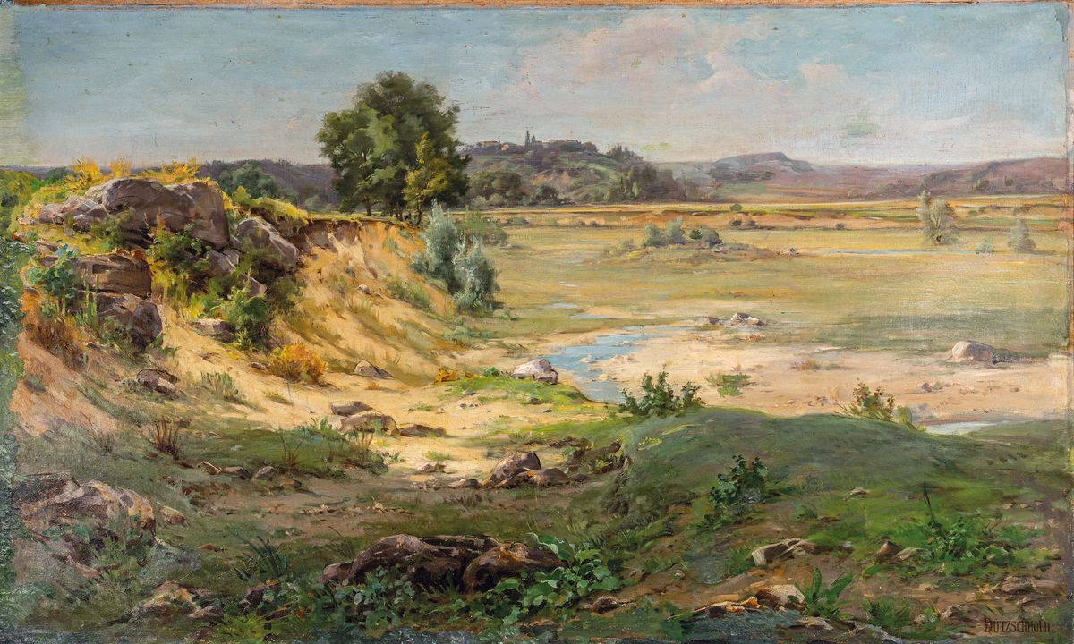 Henri Dutzschold, 1841 Paris-1891, weite sommerliche Landschaft mit Wiesen und Burg, Öl/Lwd, rechts unten signiert, ca. 90x150 cm, R., an den ...