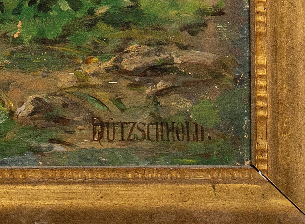 Detail a: Henri Dutzschold, 1841 Paris-1891, weite sommerliche Landschaft mit Wiesen und Burg, Öl/Lwd, rechts unten signiert, ca. 90x150 cm, R., an den ...