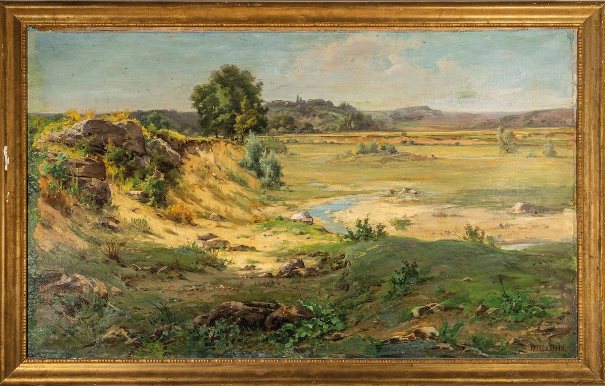 Detail k: Henri Dutzschold, 1841 Paris-1891, weite sommerliche Landschaft mit Wiesen und Burg, Öl/Lwd, rechts unten signiert, ca. 90x150 cm, R., an den ...