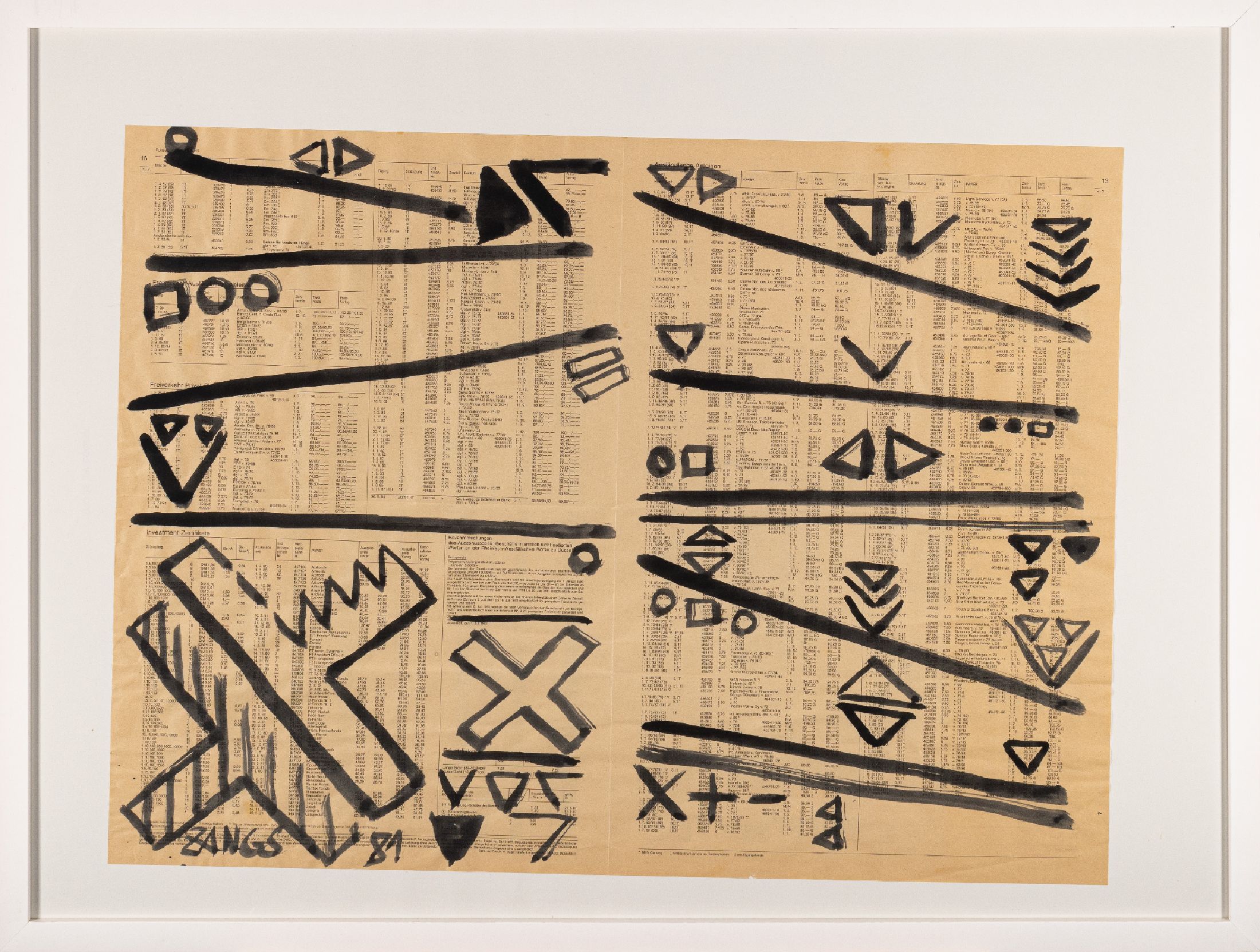 Herbert Zangs, 1924-2003, Übermalte Börsenkurse, schwarze Gouache auf Zeitung, leicht gebräunt, signiert und dat. 81, ca. 49x65cm, u.Gl., R. ca. ...