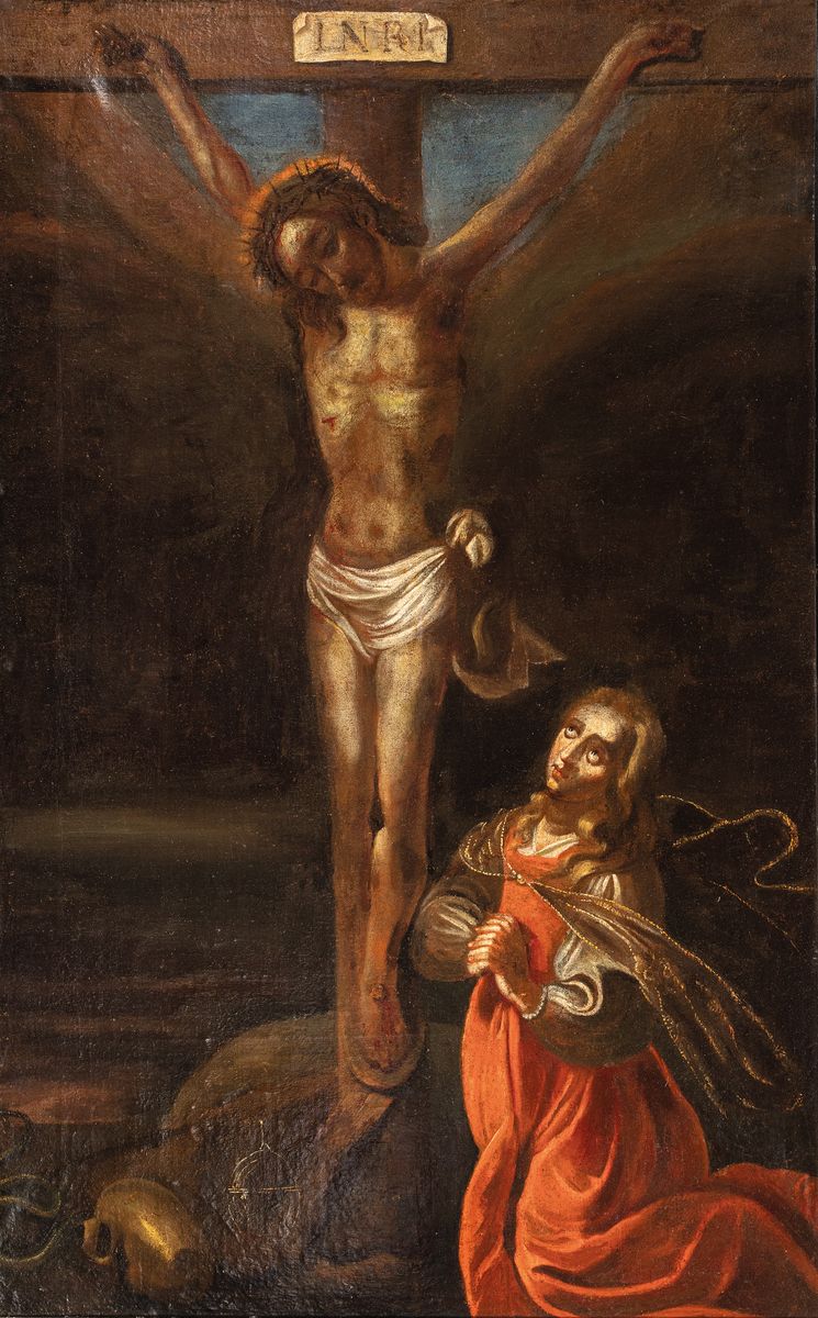 Unbekannter Künstler, wohl Italien, um 1780, Kreuzigungsszene mit Memento Mori und der betenden Maria, Öl/Lwd, restauriert, ca. 125x78 cm, R. ca. ...