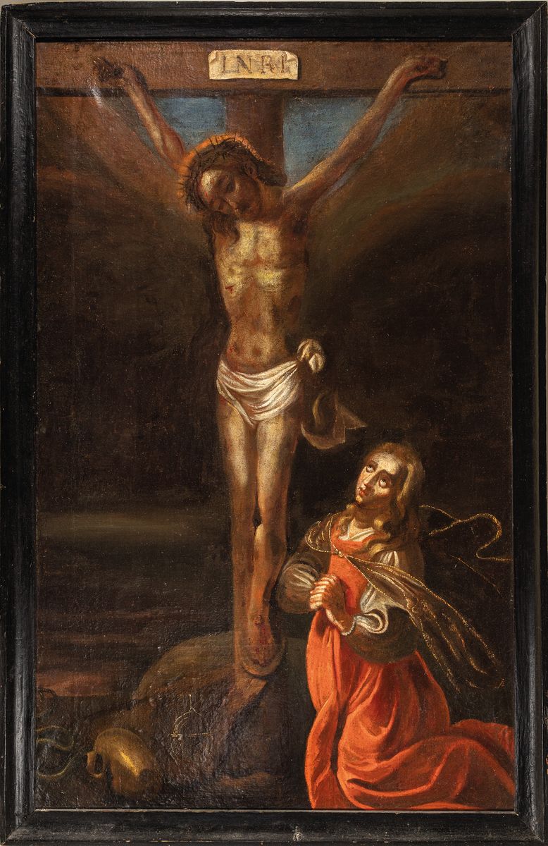 Detail k: Unbekannter Künstler, wohl Italien, um 1780, Kreuzigungsszene mit Memento Mori und der betenden Maria, Öl/Lwd, restauriert, ca. 125x78 cm, R. ca. ...