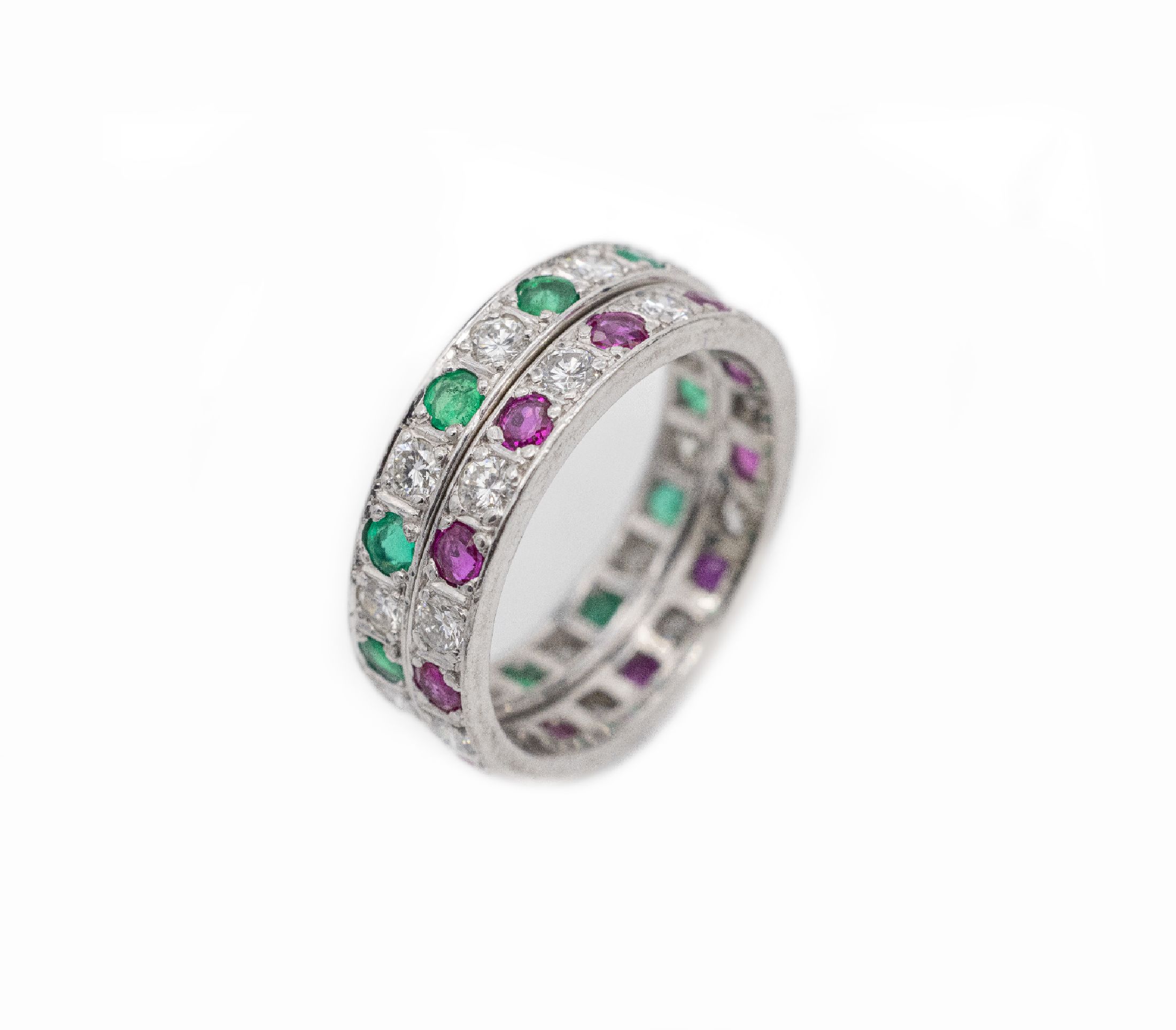 Platin Farbstein Ring Duo, Platin gepr., 1 x 11 rundfacett. Rubine zus. ca. 0.50 ct und11 Brillanten zus. ca. 0.50 ct Weiß/si; 1 x 11 rundfacett. ...