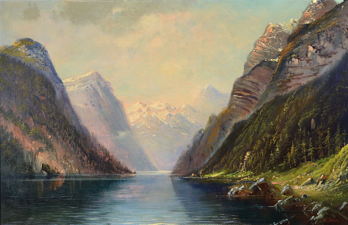 Otto Schwarz, 1852-1927, Norwegische Fjordlandschaft, Öl/Lwd, rechts unten signiert, ca. 58x89cm, R. ca. 67x98cm