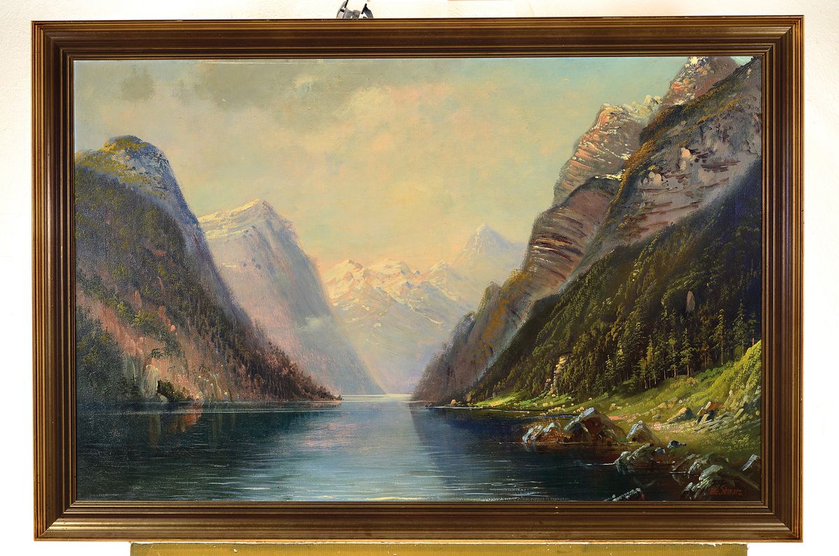 Detail k: Otto Schwarz, 1852-1927, Norwegische Fjordlandschaft, Öl/Lwd, rechts unten signiert, ca. 58x89cm, R. ca. 67x98cm