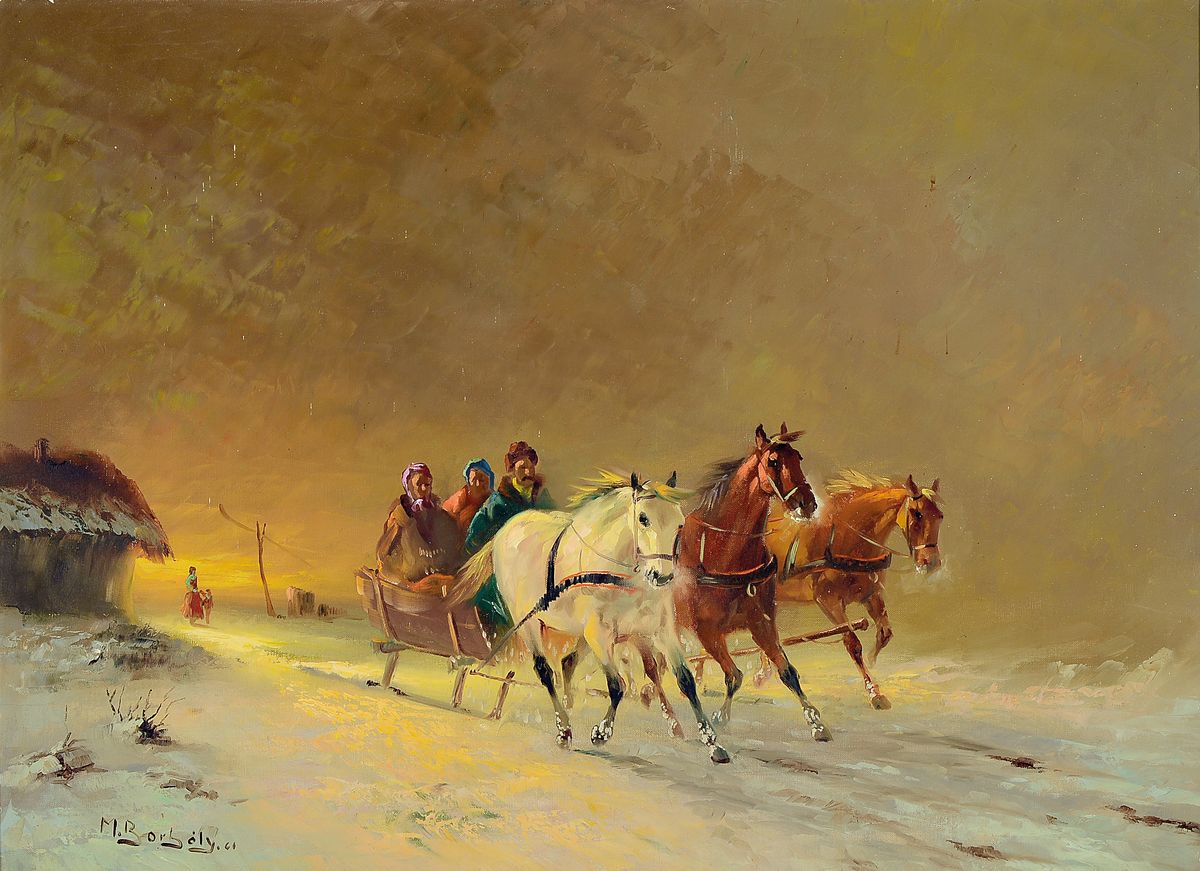 Michael Borbely, geb. 1923 in Ungarn, Troikaschlitten in Winterlandschaft, Öl/Lwd, links unten signiert, ca. 60x80cm, R. best., ca. 77x97cm