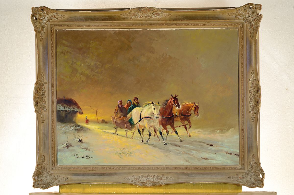 Detail k: Michael Borbely, geb. 1923 in Ungarn, Troikaschlitten in Winterlandschaft, Öl/Lwd, links unten signiert, ca. 60x80cm, R. best., ca. 77x97cm