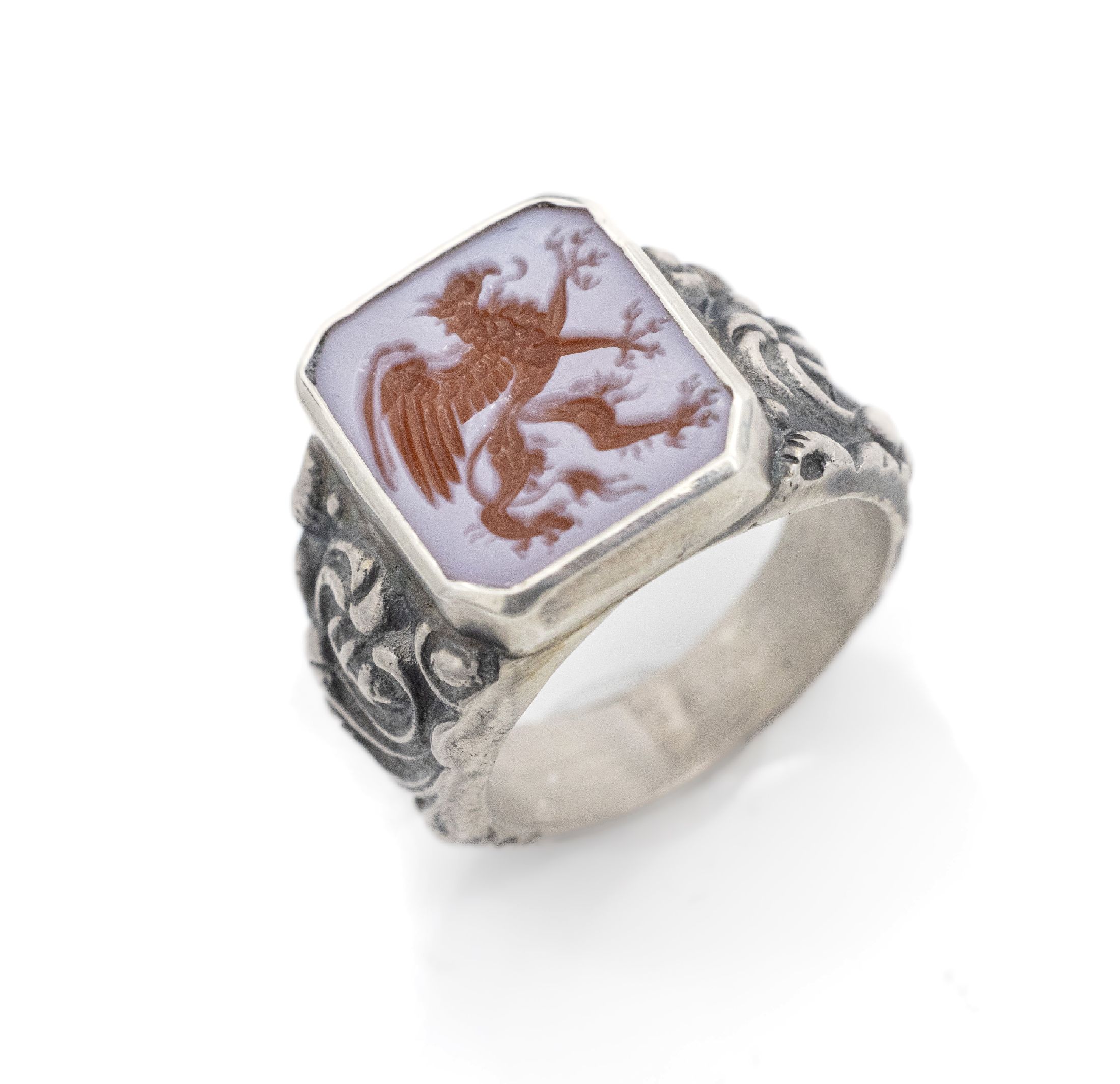 Siegelring, Silber, Lagenstein, Idar-Obersteinum 1920, Darstellung eines heraldischen Greifs, Ringschultern mit Rocaillen, RW 63, schöner ...