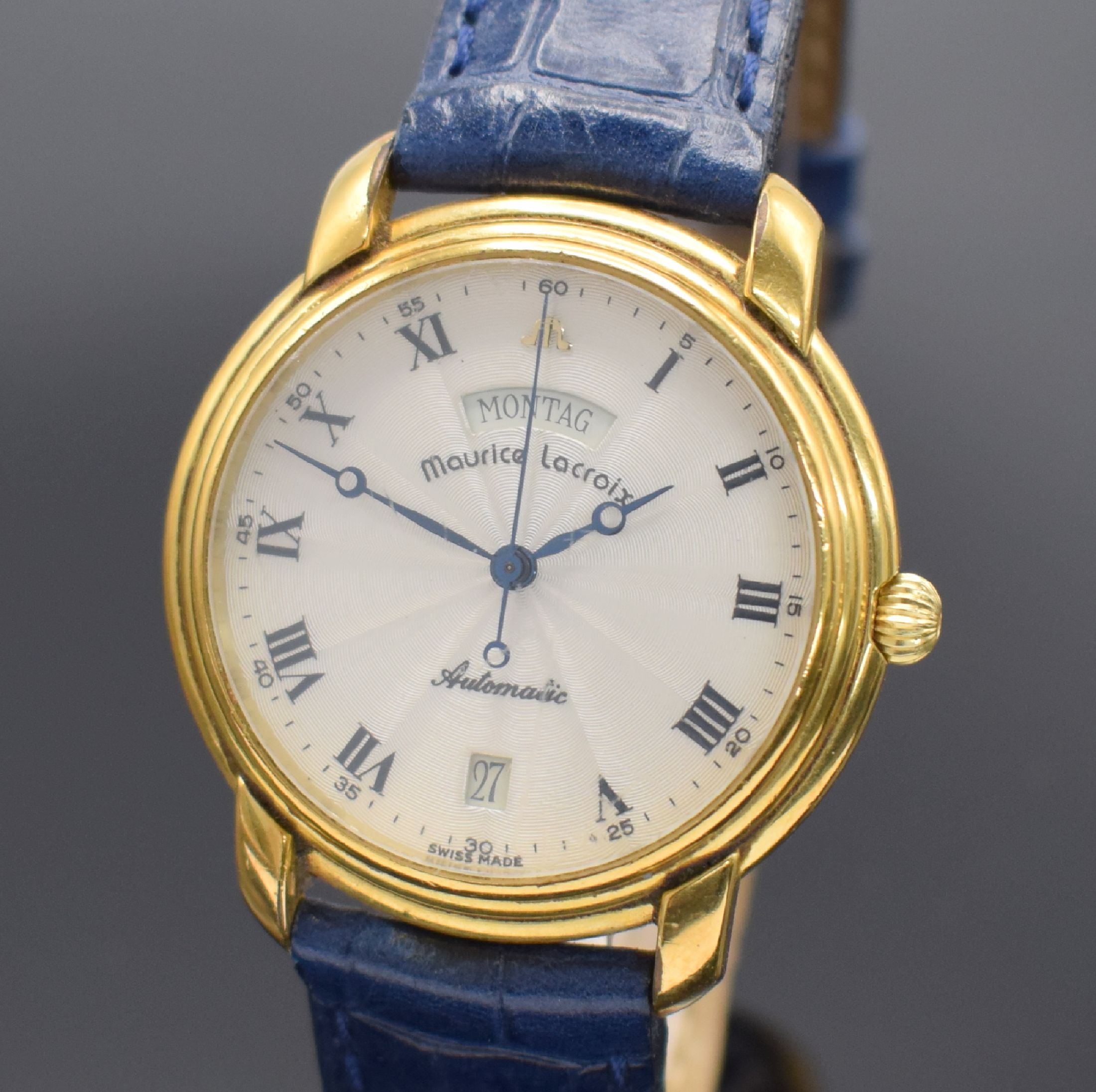 Detail a: MAURICE LACROIX vergoldete Herrenarmbanduhr Referenz 09329, Schweiz um 1990, Automatik, Stahlboden aufgedr., orig Lederband m. Dornschl., silb. ...