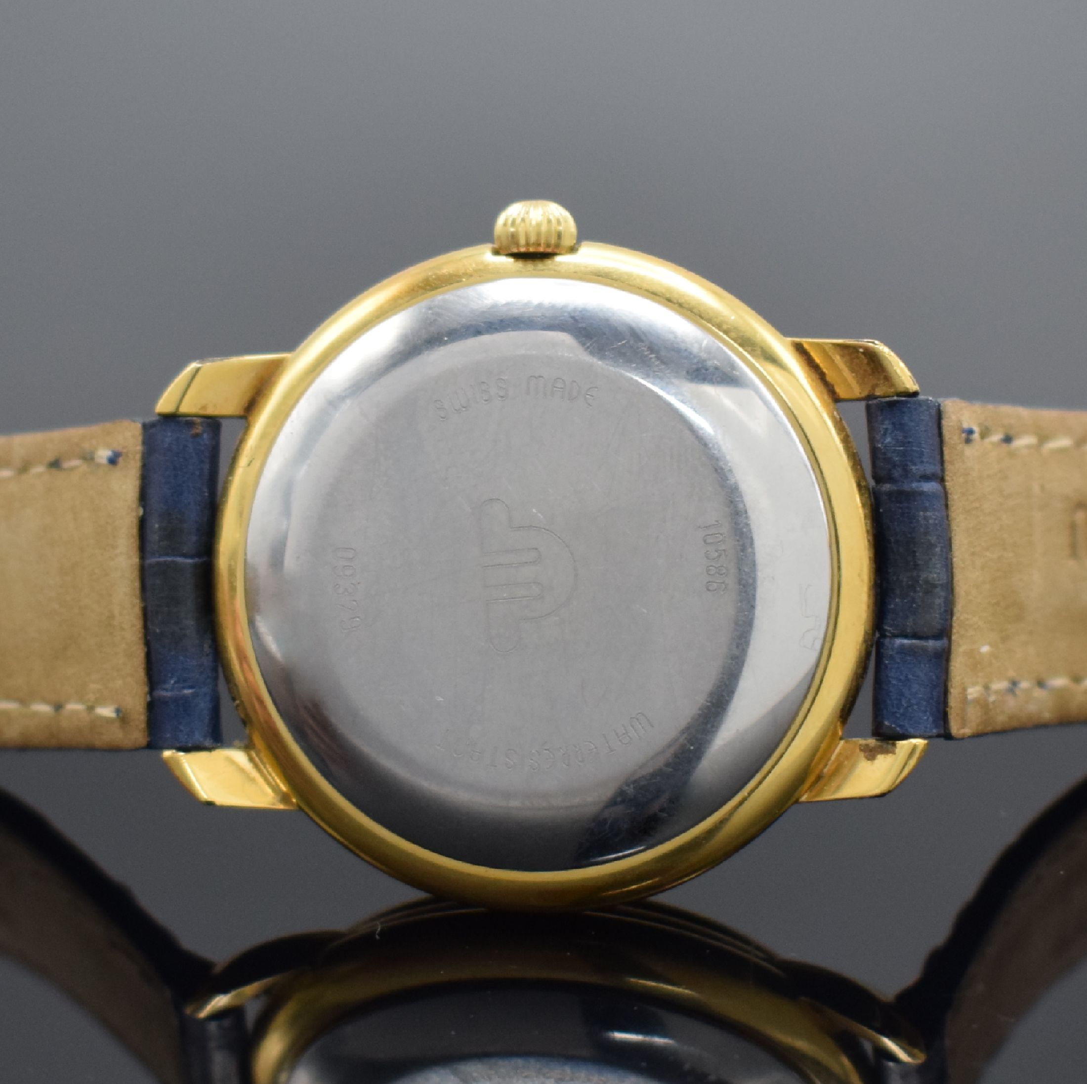 Detail c: MAURICE LACROIX vergoldete Herrenarmbanduhr Referenz 09329, Schweiz um 1990, Automatik, Stahlboden aufgedr., orig Lederband m. Dornschl., silb. ...