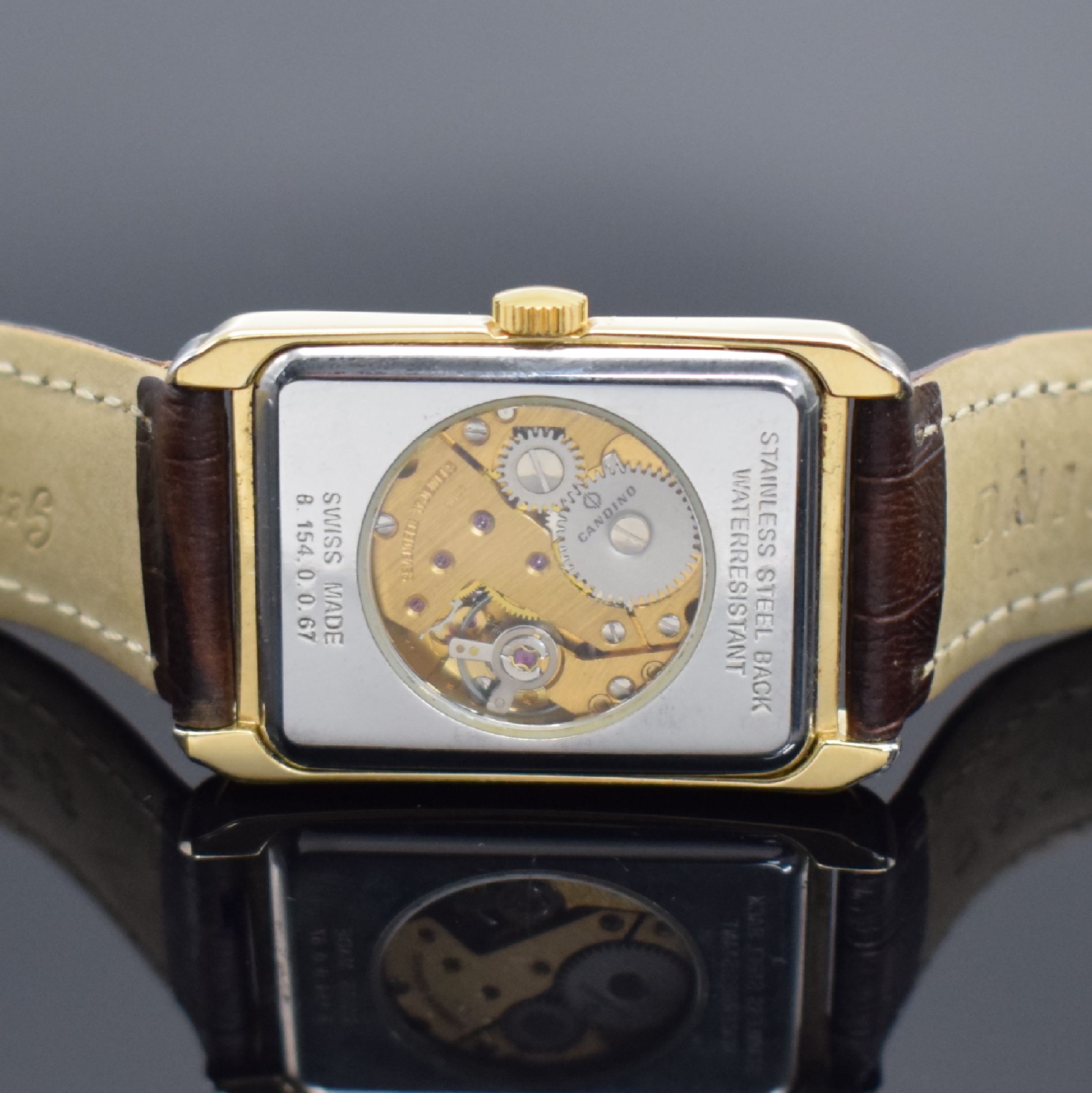 Detail c: CANDINO Armbanduhr sogenannte Doctors-Watch, Handaufzug, im Stil der 1930er Jahre, gefertigt um 1990, z. T. verg. Geh. inkl. orig. Lederband m. orig. ...