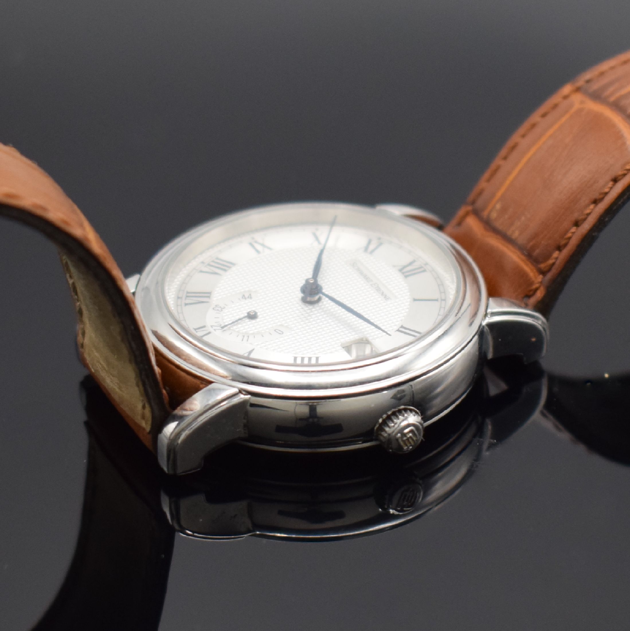 Detail c: SCHWARZ ETIENNE Herrenarmbanduhr mit Datum & Gangreserveanzeige, Schweiz um 1995, Automatik, beids. vergl. Edelstahlgeh., Boden 6-fach verschr., ...