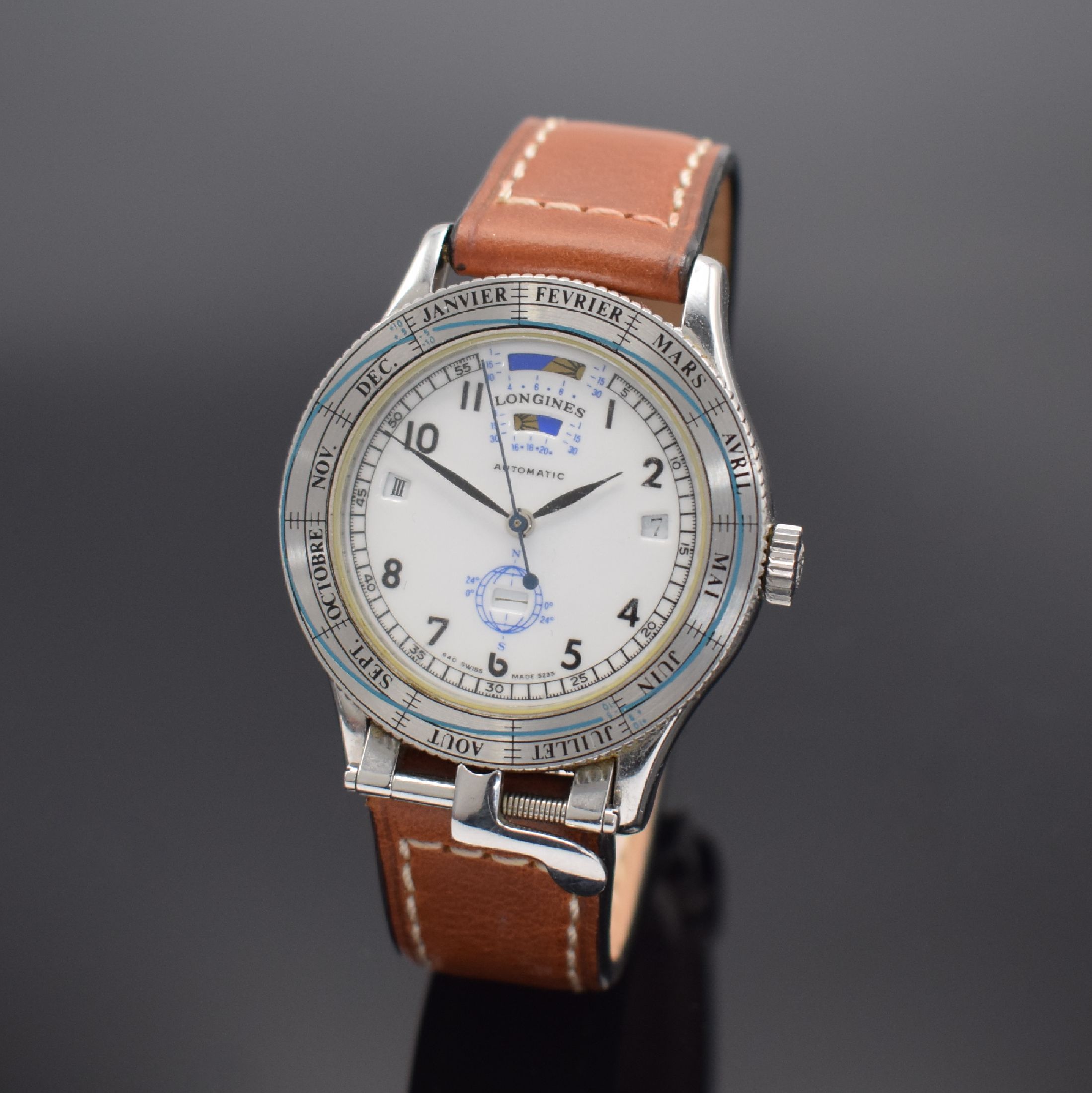 LONGINES feine und seltene astronomische Herrenarmbanduhr Modell Ephemerides Solaire Referenz 5235, Schweiz um 1990, Automatik, hergestellt zum 100. ...