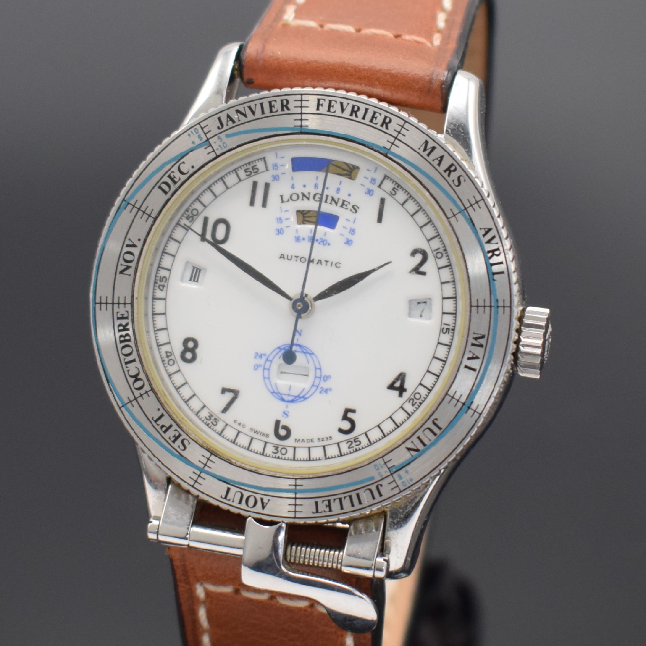 Detail a: LONGINES feine und seltene astronomische Herrenarmbanduhr Modell Ephemerides Solaire Referenz 5235, Schweiz um 1990, Automatik, hergestellt zum 100. ...