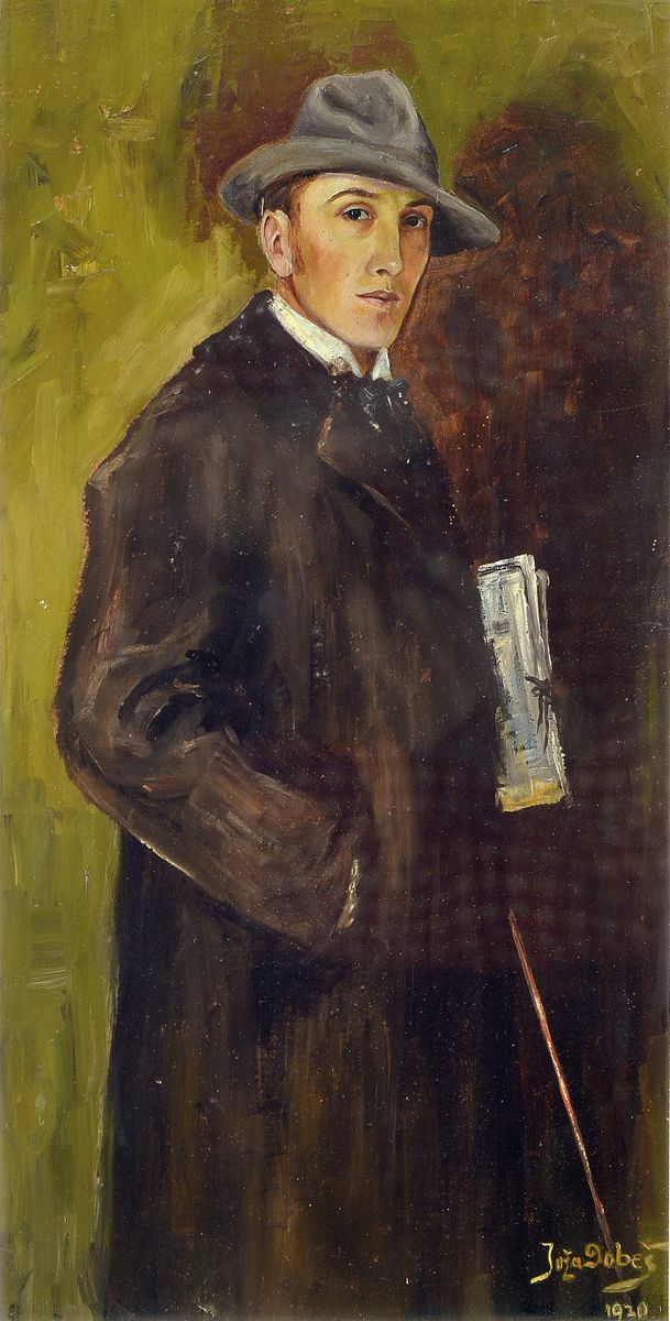 Joza Dobez, erste Hälfte 20. Jh., junger Mann mit einer Zeitung unter dem Arm, Öl/Karton, re. u. signiert und dat. 1920, ca. 36 x 18 cm, unter ...