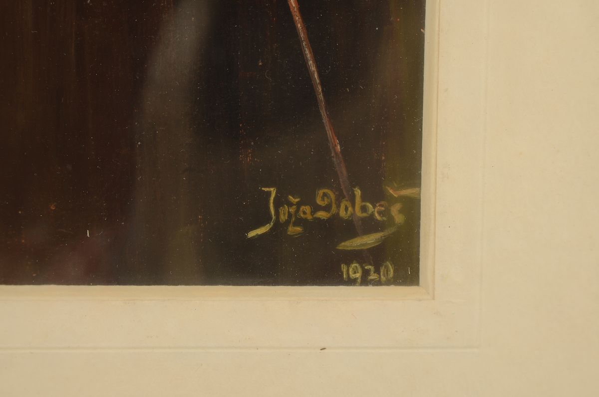 Detail a: Joza Dobez, erste Hälfte 20. Jh., junger Mann mit einer Zeitung unter dem Arm, Öl/Karton, re. u. signiert und dat. 1920, ca. 36 x 18 cm, unter ...