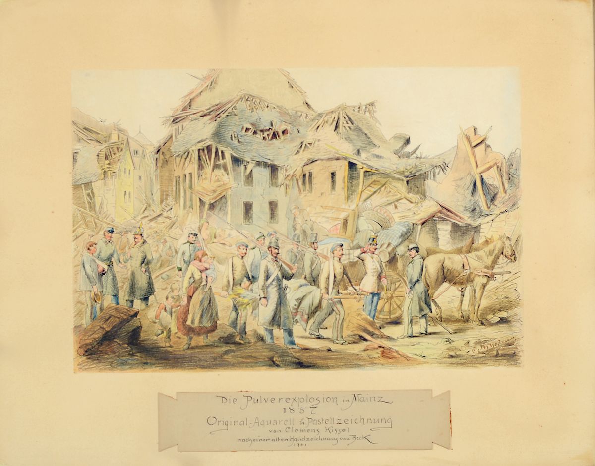 Clemens Kissel, 1849 Mainz - 1911, "Die Pulverexplosion in Mainz 1857," Original Aquarell und Pastell auf Papier, nach einer alten ...