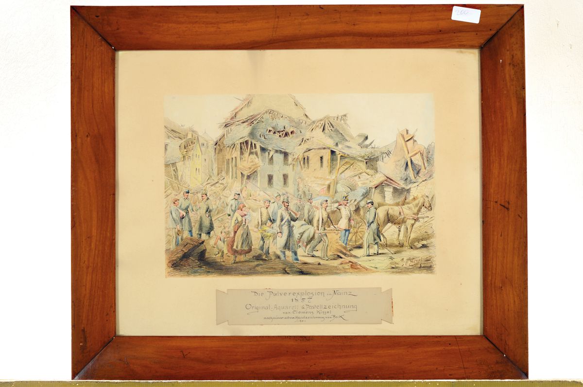 Detail k: Clemens Kissel, 1849 Mainz - 1911, "Die Pulverexplosion in Mainz 1857," Original Aquarell und Pastell auf Papier, nach einer alten ...