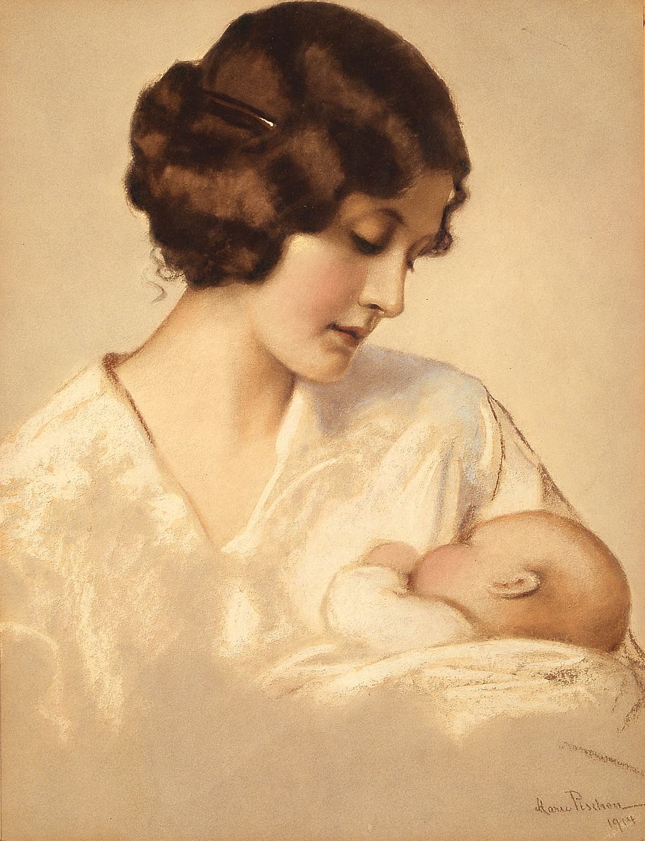 Marie Pichon, 1856 - 1928, Hühnfeld, junge Mutter mit Baby im Arm, inniger Moment, Pastell auf Papier, re. u. signiert und dat-1914, ca. 33.5 x 25 ...