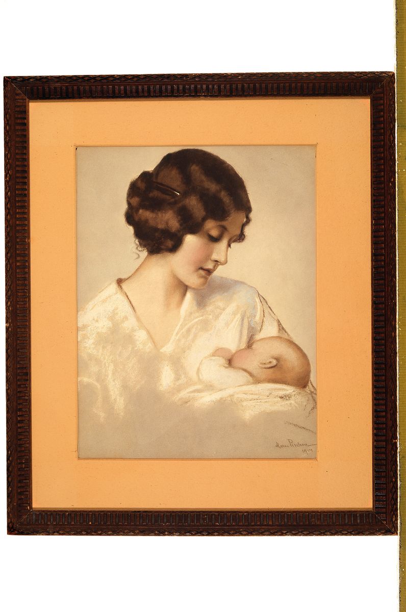 Detail k: Marie Pichon, 1856 - 1928, Hühnfeld, junge Mutter mit Baby im Arm, inniger Moment, Pastell auf Papier, re. u. signiert und dat-1914, ca. 33.5 x 25 ...