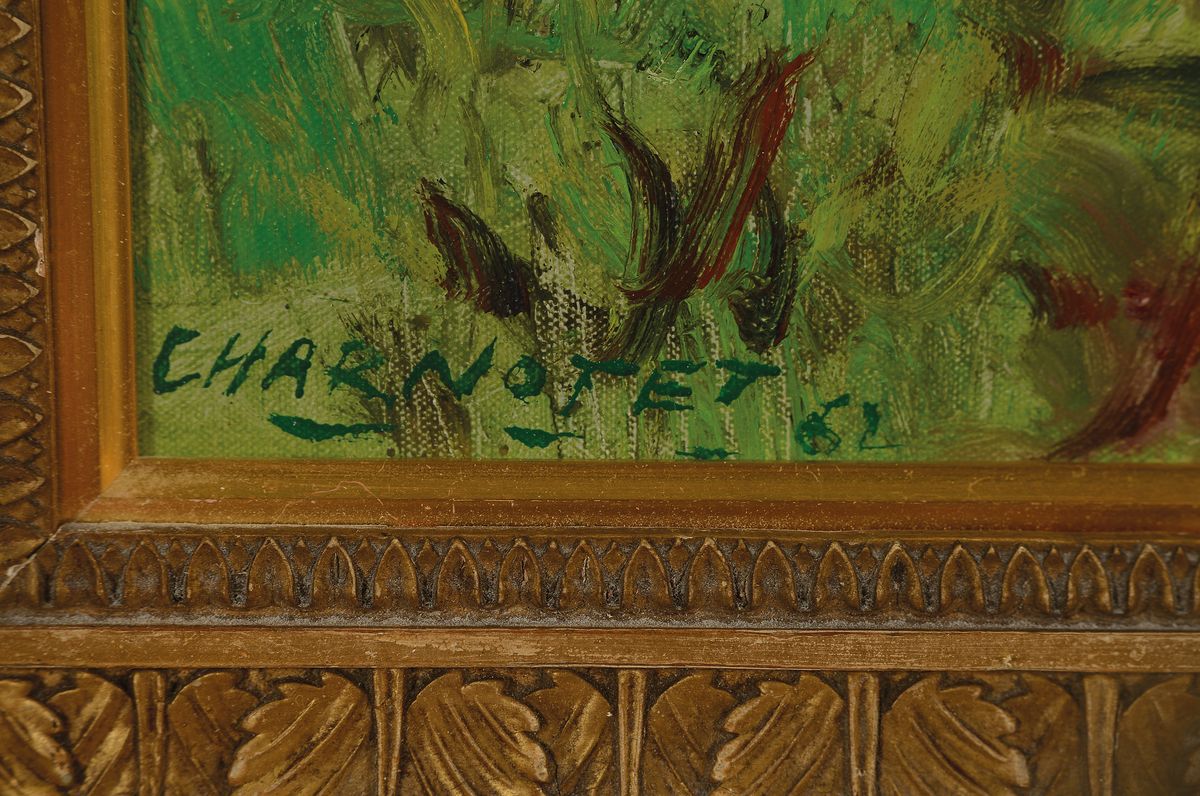Detail a: Jean Charnotet, 1930 Paris 1978, Gartenlandschaft mit blühenden Bäumen, li. u. signiert und dat. 62, ca, 33 x 46 cm, Rahmen ca. 42 x 55 cm