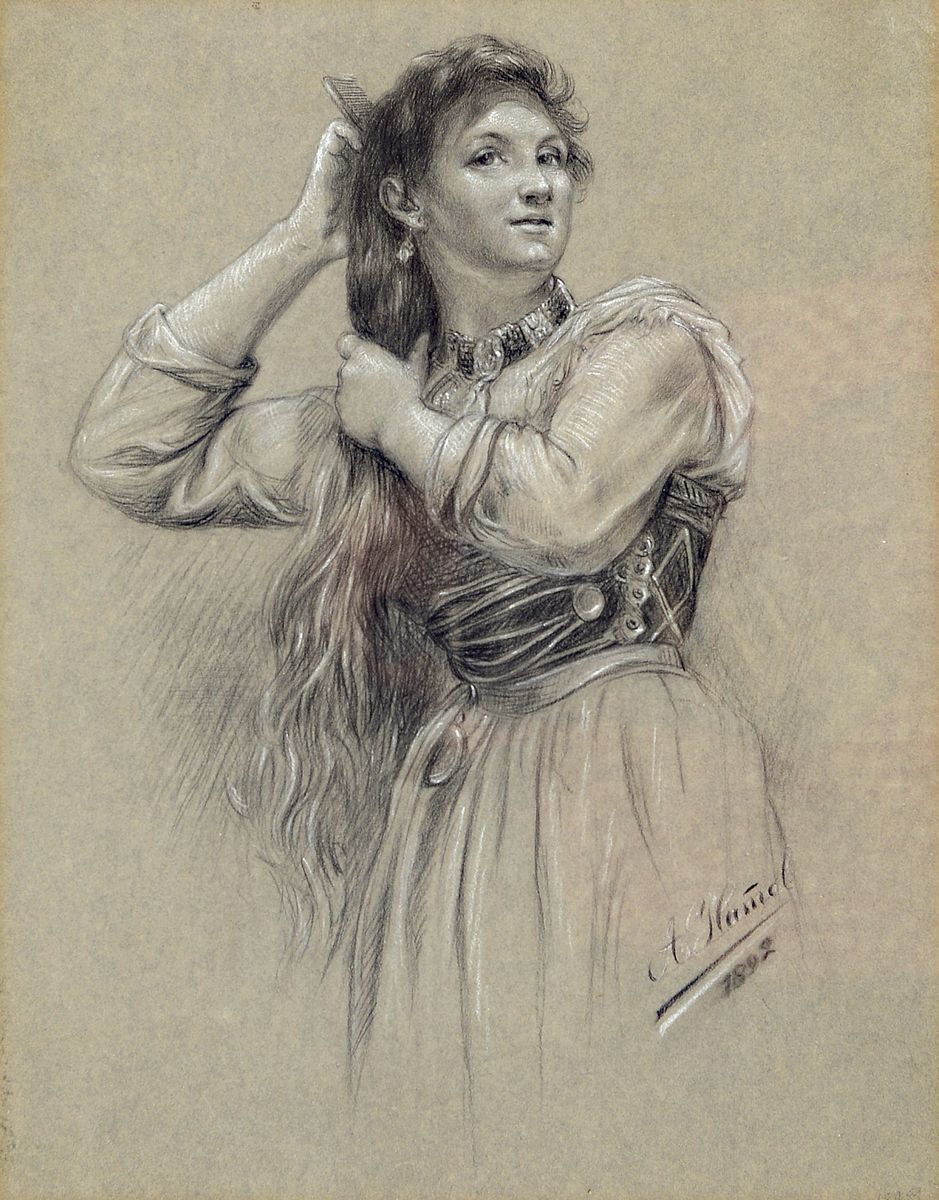 A. Hamel, junge Frau beim Kämmen der langen Haare, Zeichnung, weiß gehöht, signiert und dat. 1892, 36 x 27.5 cm, unter Glas, PP., Rahmen ca. 52 x ...