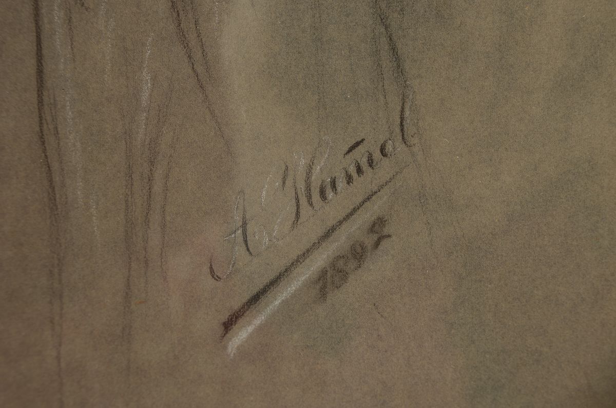 Detail a: A. Hamel, junge Frau beim Kämmen der langen Haare, Zeichnung, weiß gehöht, signiert und dat. 1892, 36 x 27.5 cm, unter Glas, PP., Rahmen ca. 52 x ...