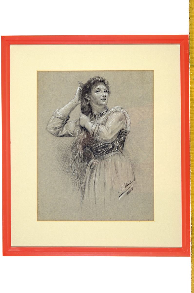 Detail k: A. Hamel, junge Frau beim Kämmen der langen Haare, Zeichnung, weiß gehöht, signiert und dat. 1892, 36 x 27.5 cm, unter Glas, PP., Rahmen ca. 52 x ...