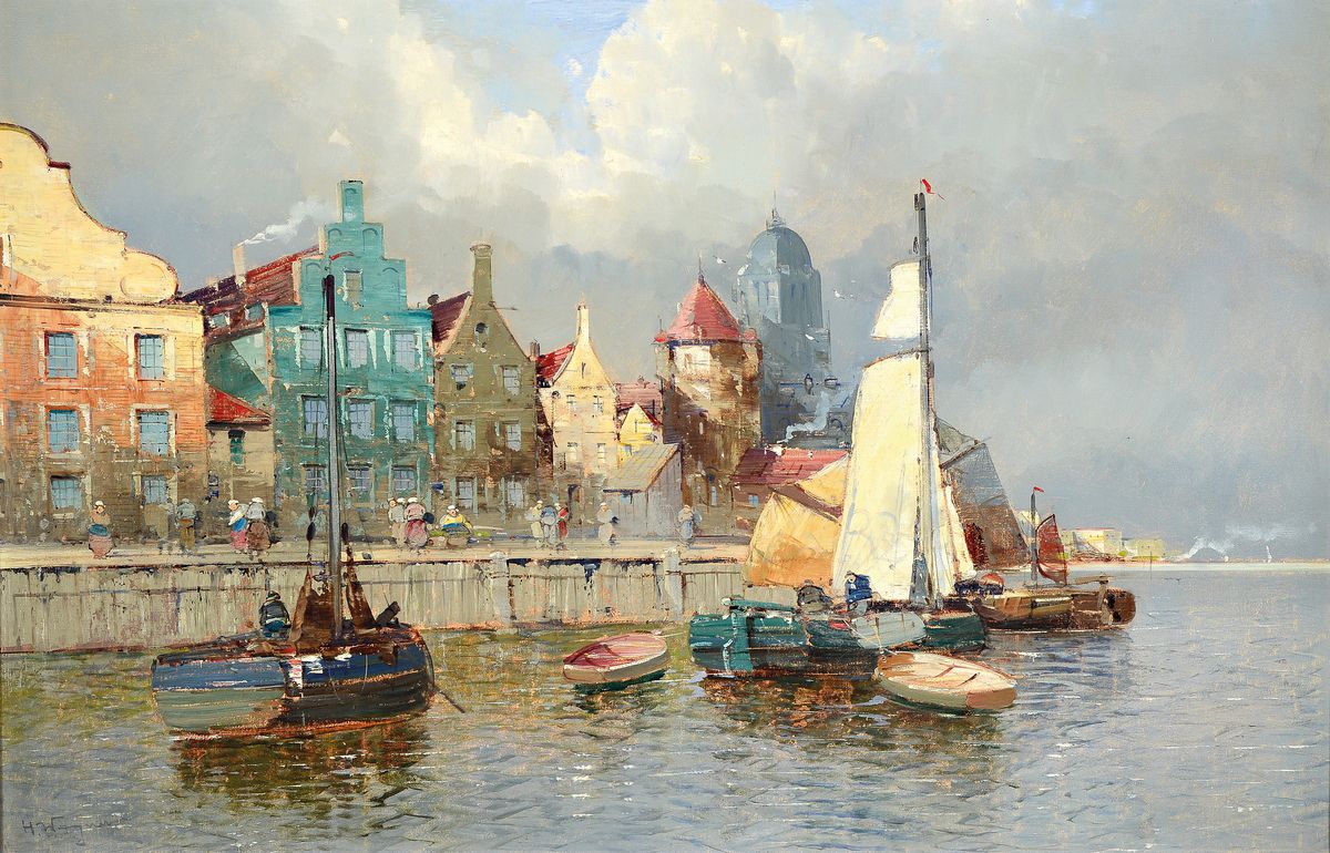 Georg Fischhof, 1859 - 1914 Wien, wohl niederländischer Hafen mit ankernden Schiffen und vielen Personen am Kai, Öl/Lwd, li. unten signiert mit ...