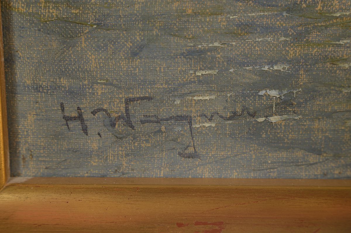 Detail a: Georg Fischhof, 1859 - 1914 Wien, wohl niederländischer Hafen mit ankernden Schiffen und vielen Personen am Kai, Öl/Lwd, li. unten signiert mit ...