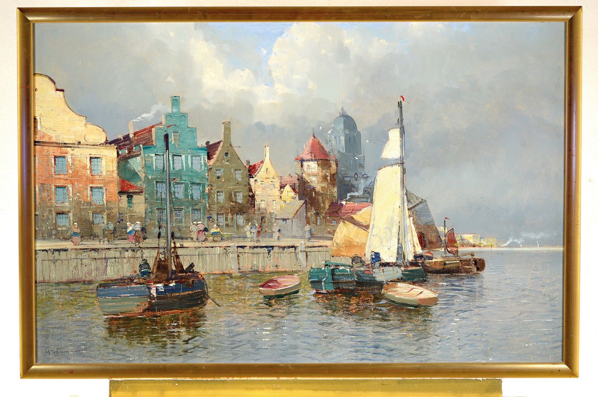 Detail k: Georg Fischhof, 1859 - 1914 Wien, wohl niederländischer Hafen mit ankernden Schiffen und vielen Personen am Kai, Öl/Lwd, li. unten signiert mit ...