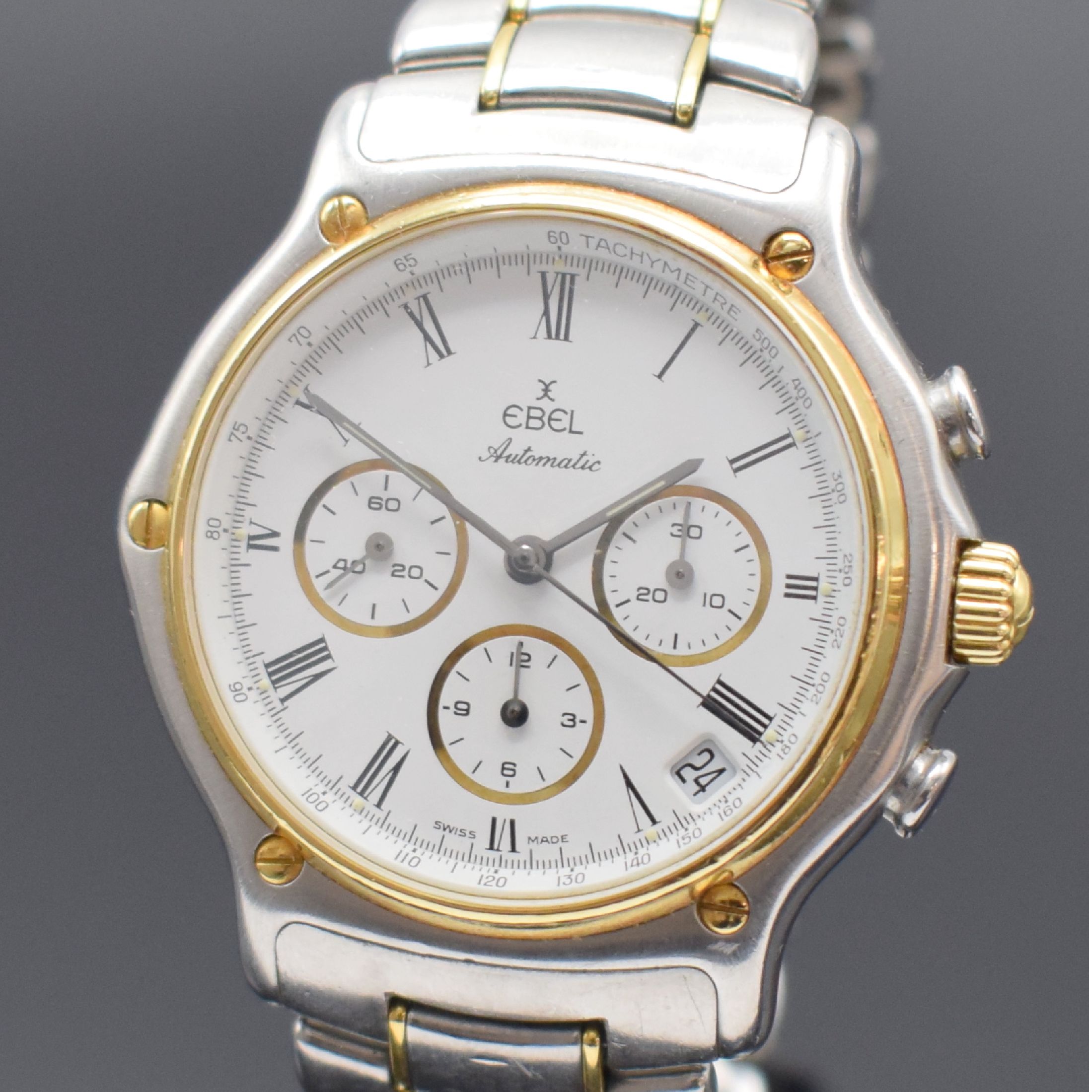 Detail a: EBEL Herrenchronograph mit El Primero Werk Referenz 1134901, Schweiz verk. lt. beil. Pap. 03/1989, Automatik, Edelstahl/Gold kombiniert, Boden ...
