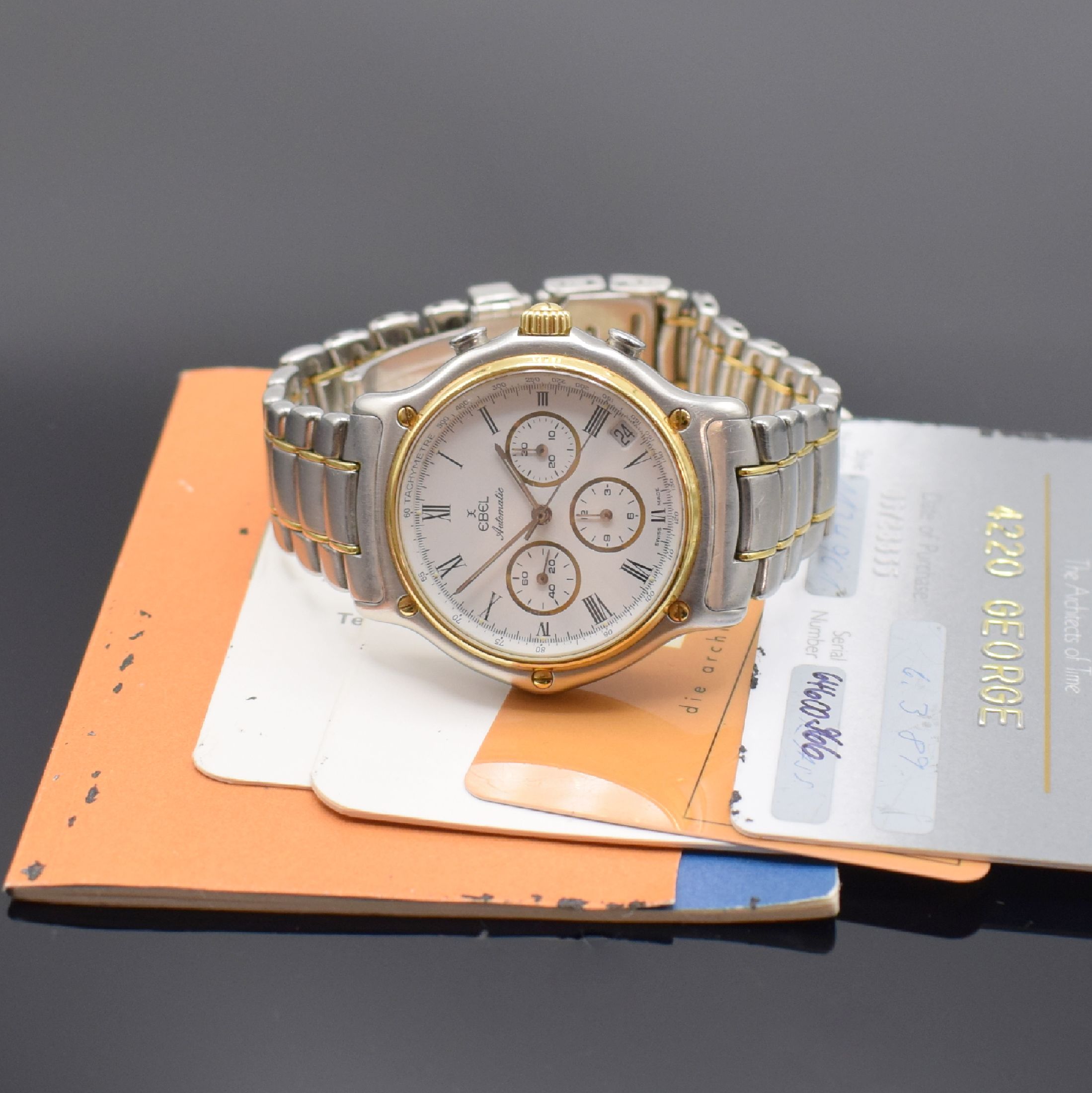 Detail e: EBEL Herrenchronograph mit El Primero Werk Referenz 1134901, Schweiz verk. lt. beil. Pap. 03/1989, Automatik, Edelstahl/Gold kombiniert, Boden ...