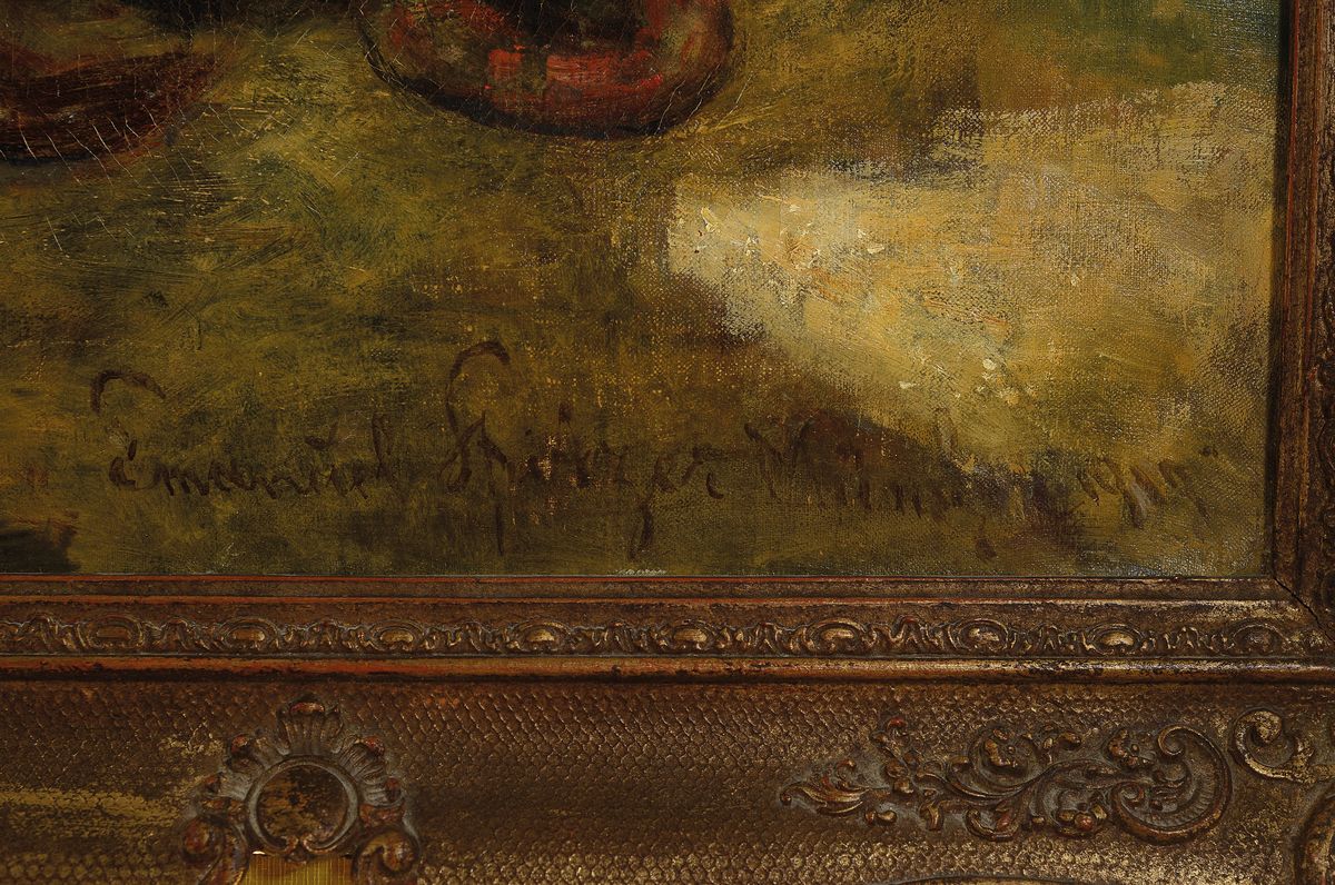 Detail a: Emanuel Spitzer, 1844 Papa/Ungarn - 1919 Waging am See, großformatiges Genrebild, junge und alte Frau beim Stricken vor Alpenpanorama, Szenerie ...